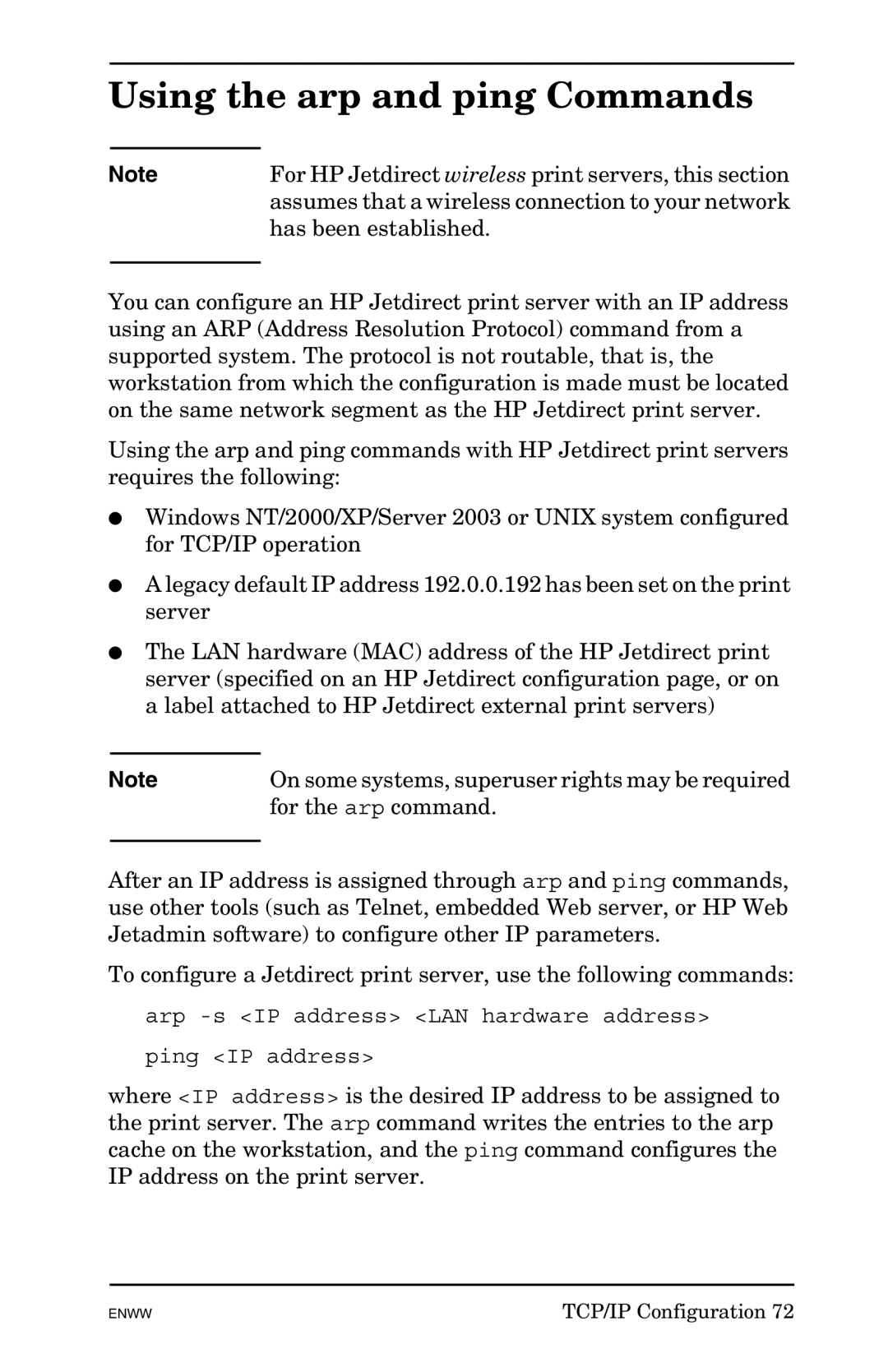 HP 625n Gigabit Ethernet Print Server manual Using the arp and ping Commands 