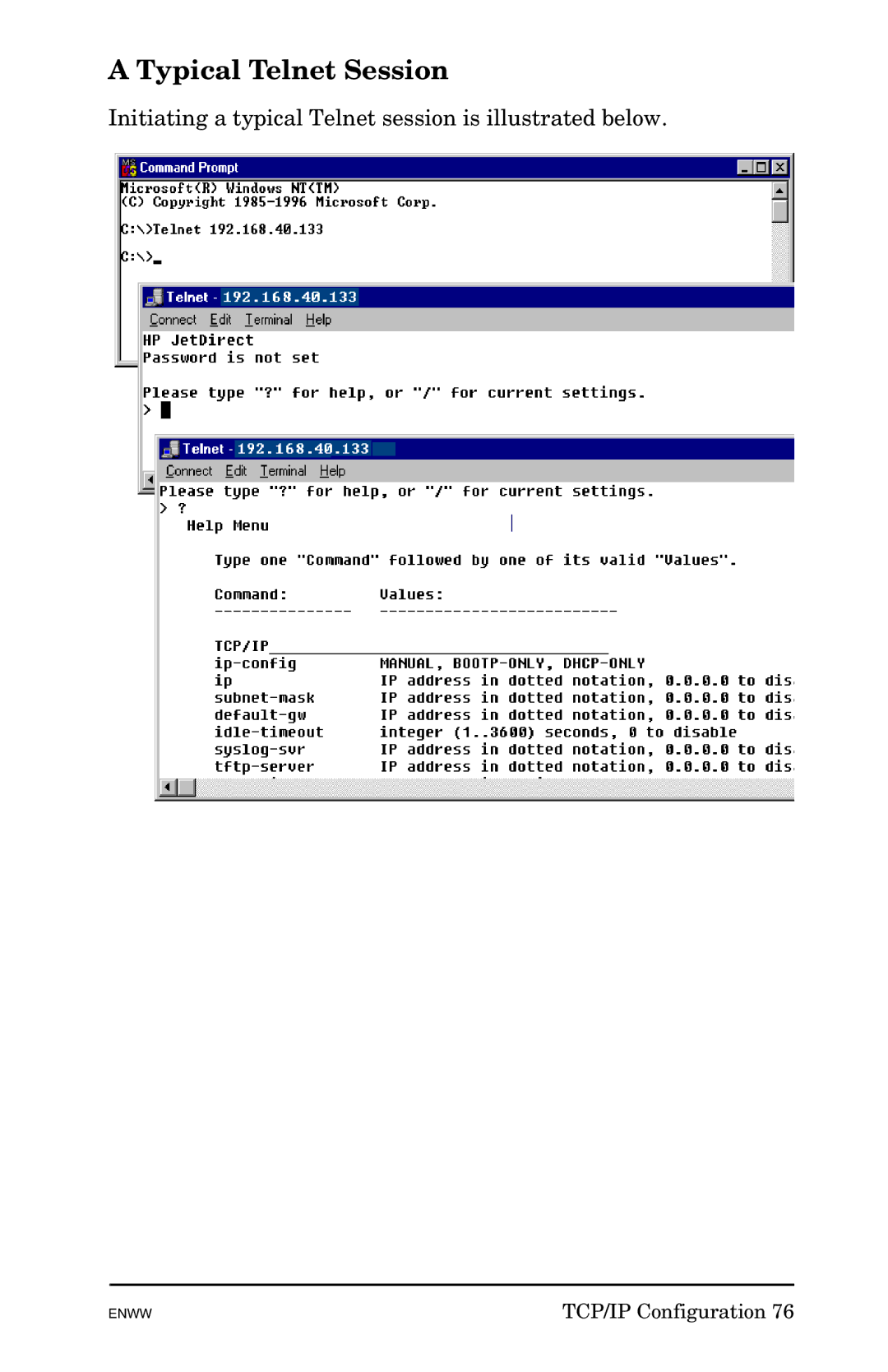 HP 625n Gigabit Ethernet Print Server manual Typical Telnet Session 