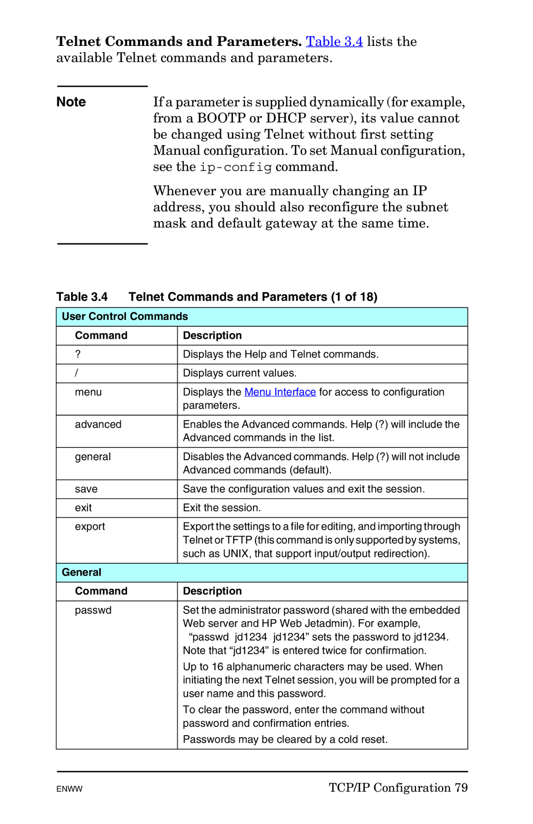 HP 625n Gigabit Ethernet Print Server manual Telnet Commands and Parameters 1, User Control Commands 