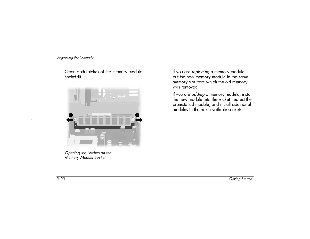 HP 6271AP manual Open both latches of the memory module socket 