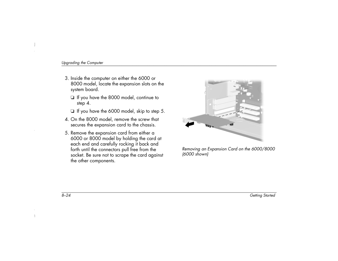 HP 6271AP manual Removing an Expansion Card on the 6000/8000 6000 shown 