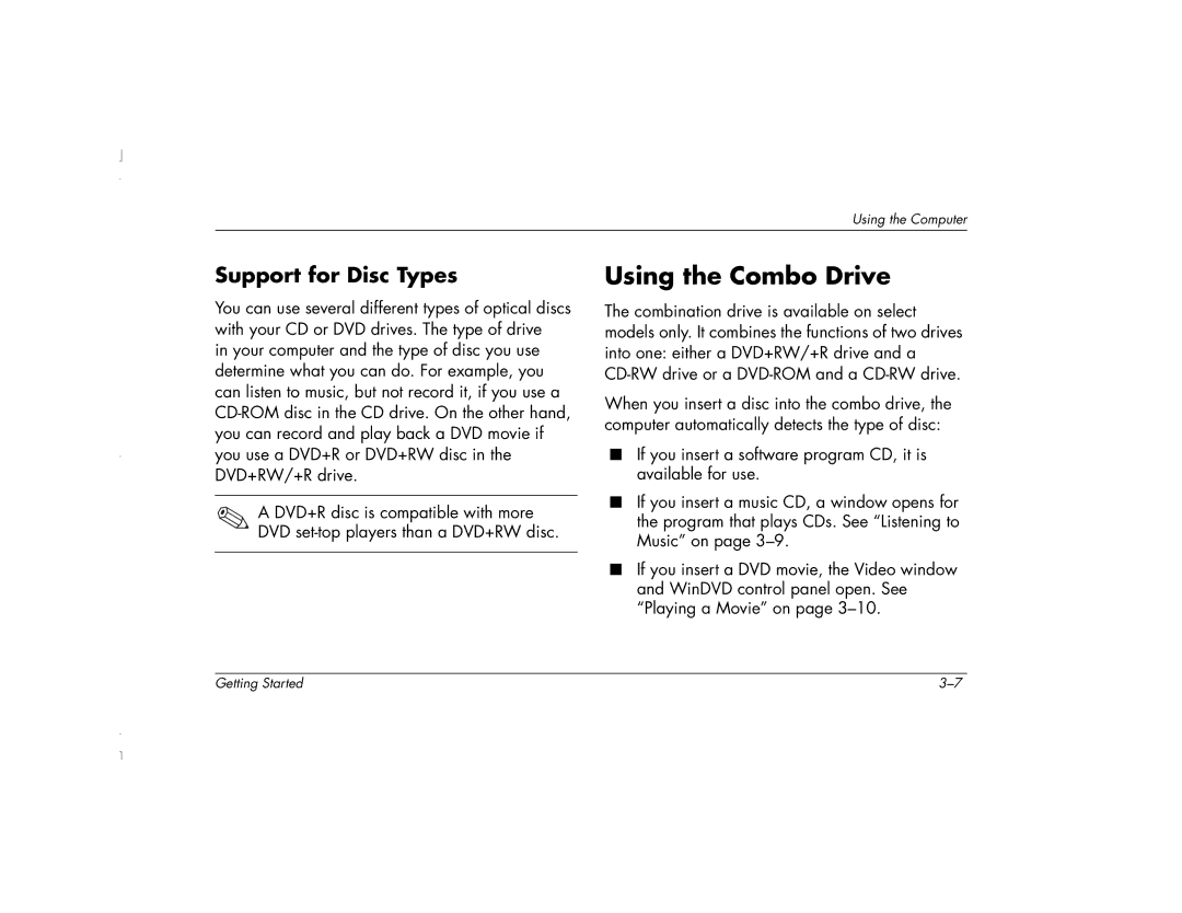 HP 6271AP manual Using the Combo Drive, Support for Disc Types 