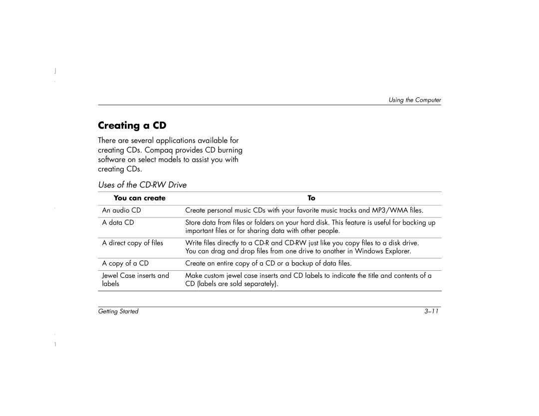 HP 6271AP manual Creating a CD, Uses of the CD-RW Drive 