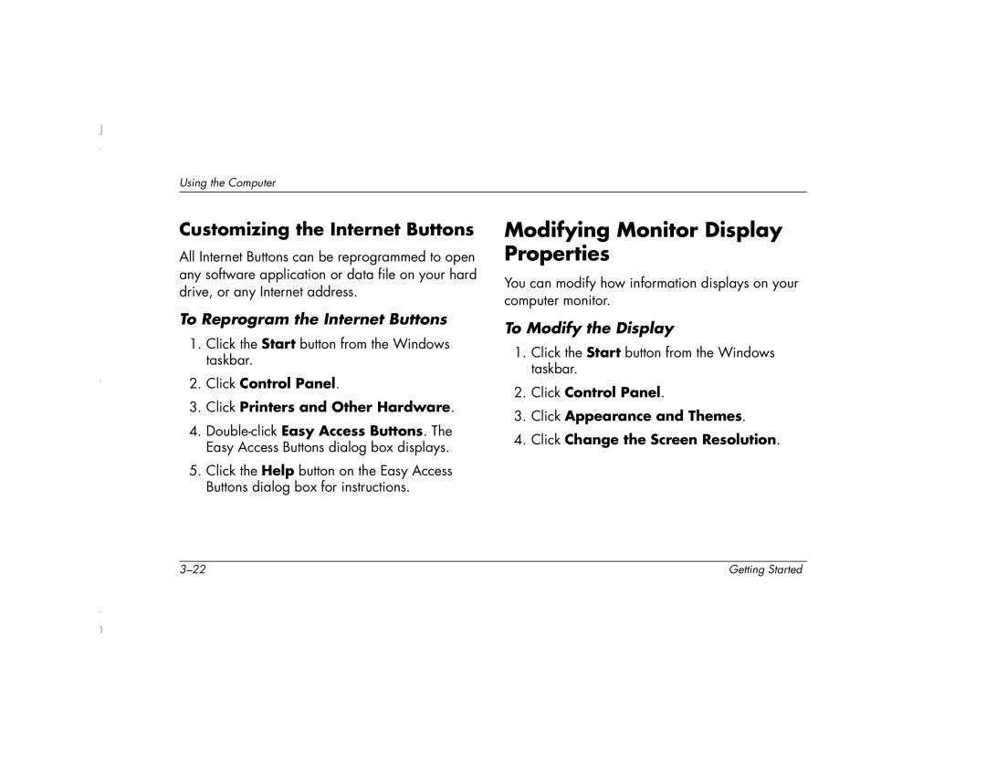 HP 6271AP manual Modifying Monitor Display Properties, Customizing the Internet Buttons, To Reprogram the Internet Buttons 