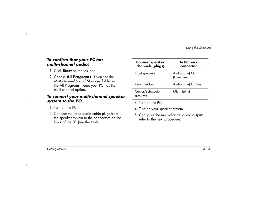 HP 6271AP manual To confirm that your PC has multi-channel audio, To connect your multi-channel speaker system to the PC 