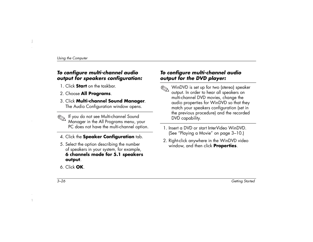 HP 6271AP manual To configure multi-channel audio output for the DVD player, Click the Speaker Configuration tab 