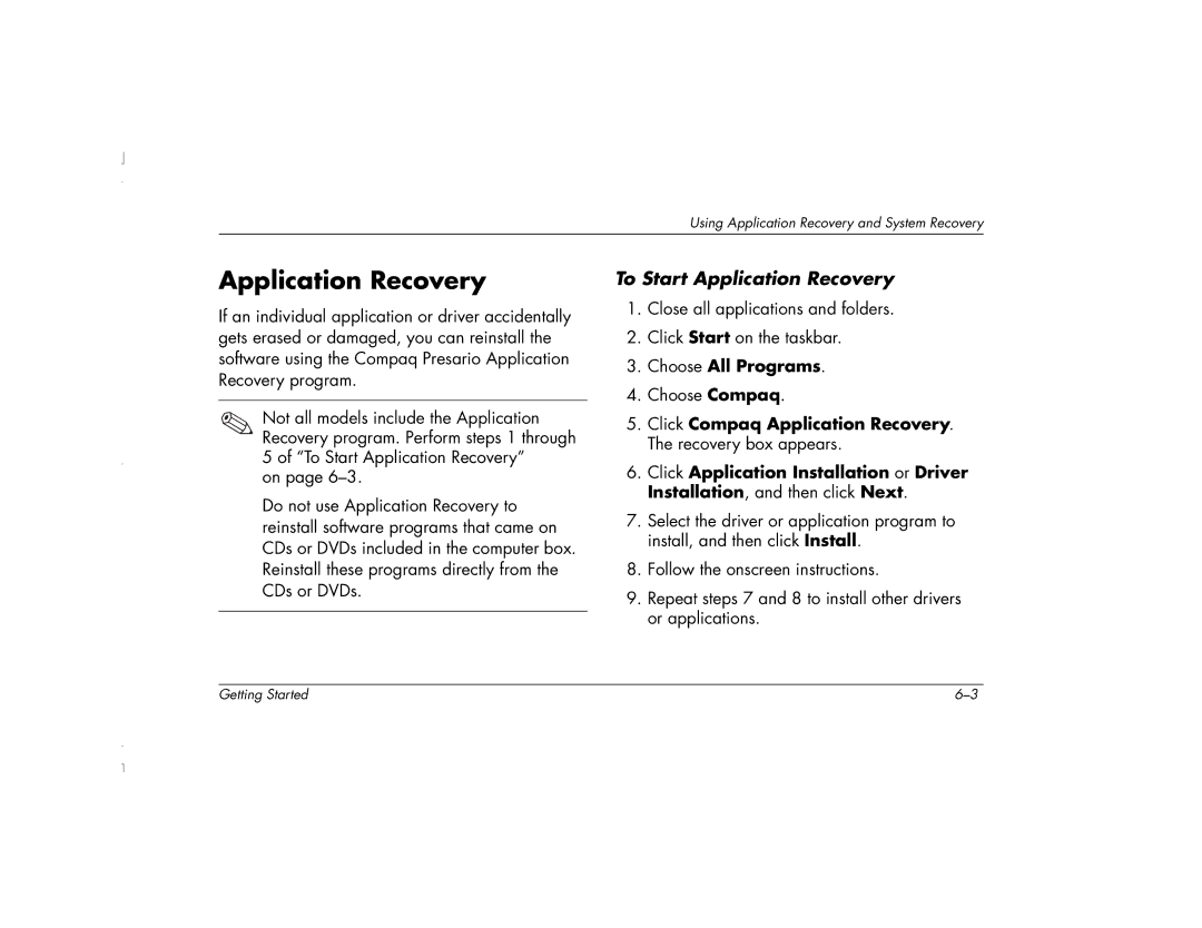 HP 6271AP manual To Start Application Recovery, Choose All Programs 