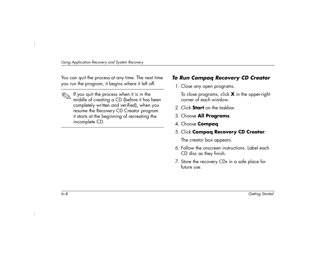 HP 6271AP manual To Run Compaq Recovery CD Creator, Click Compaq Recovery CD Creator. The creator box appears 