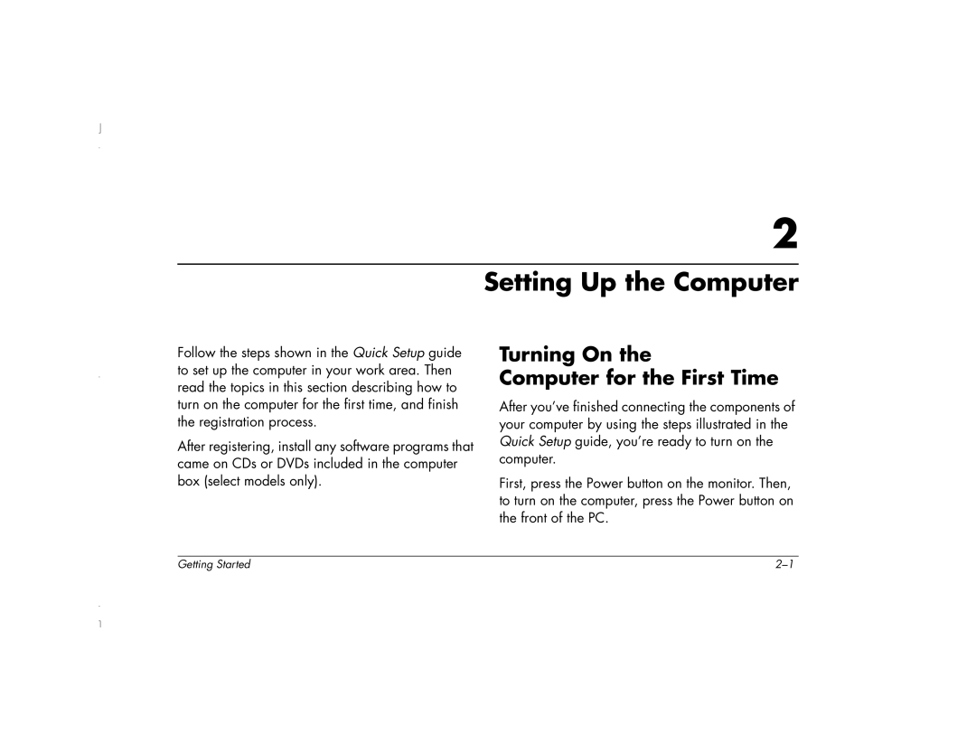 HP 6271AP manual Setting Up the Computer, Turning On Computer for the First Time 