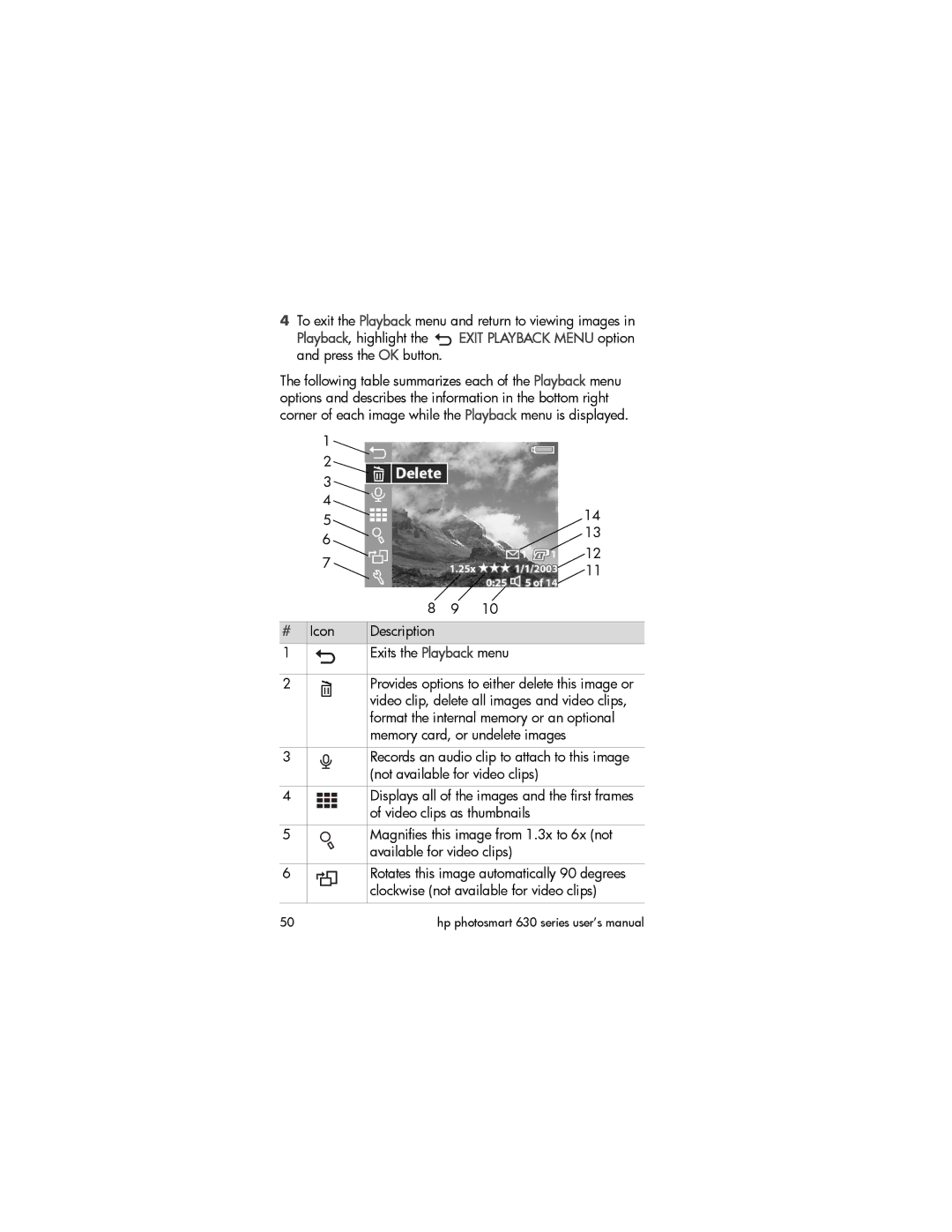 HP 630 manual To exit the Playback menu and return to viewing images, # Icon Description Exits the Playback menu 