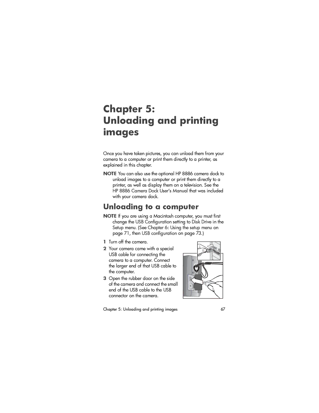 HP 630 manual Chapter Unloading and printing images, Unloading to a computer, Turn off the camera 