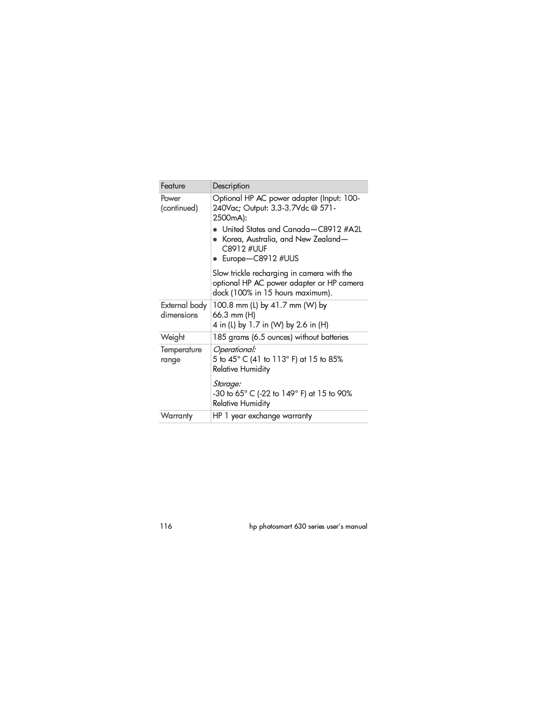 HP 630 manual Dimensions, Weight, Temperature, Range, Warranty 