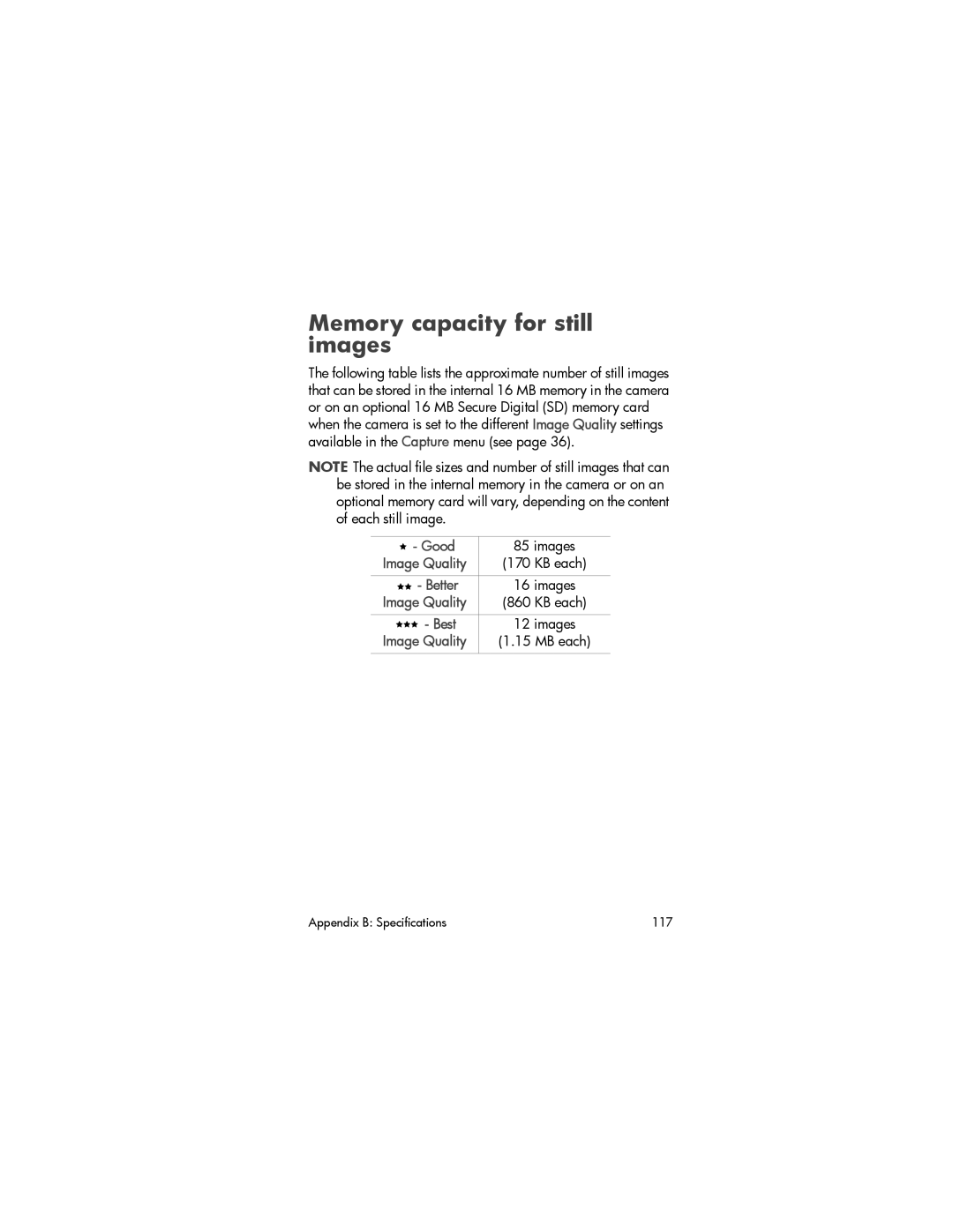 HP 630 manual Memory capacity for still images, Image Quality 