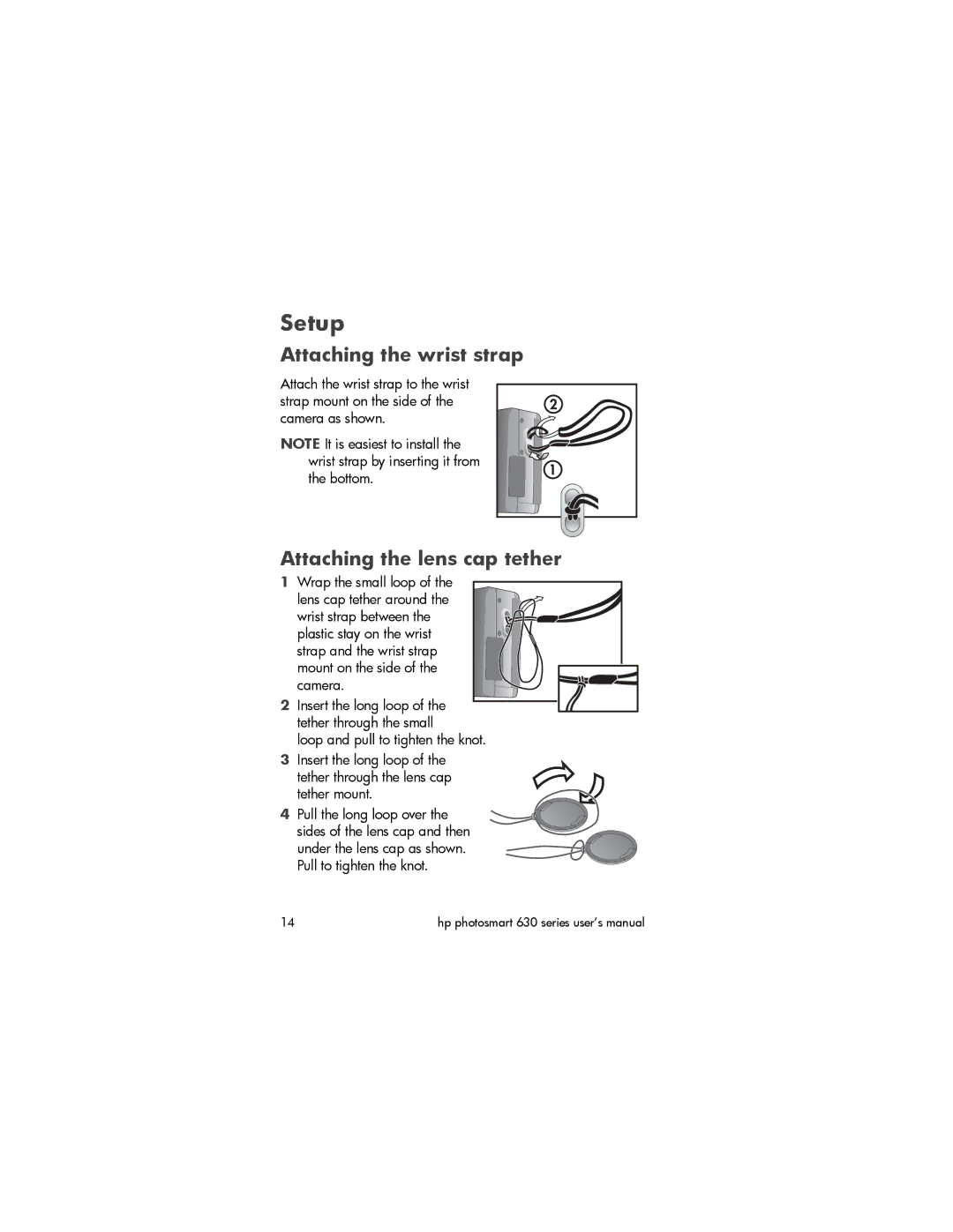 HP 630 manual Setup, Attaching the wrist strap, Attaching the lens cap tether 