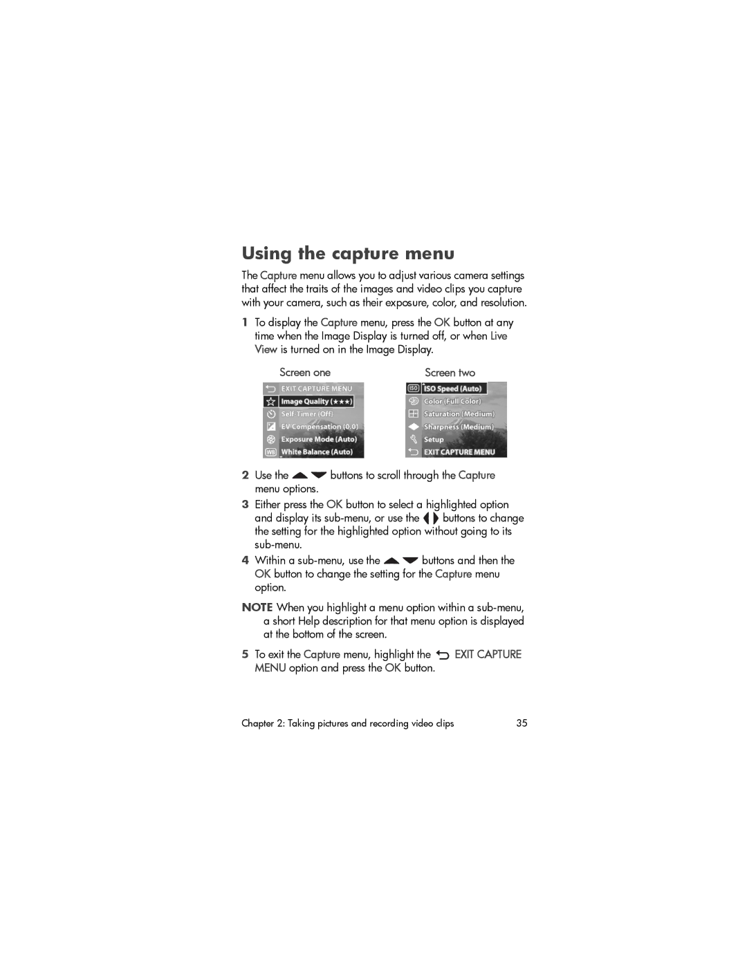 HP 630 manual Using the capture menu, Screen one 