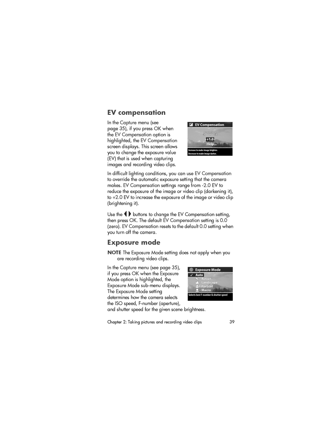 HP 630 manual EV compensation, Exposure mode, Capture menu see, Shutter speed for the given scene brightness 