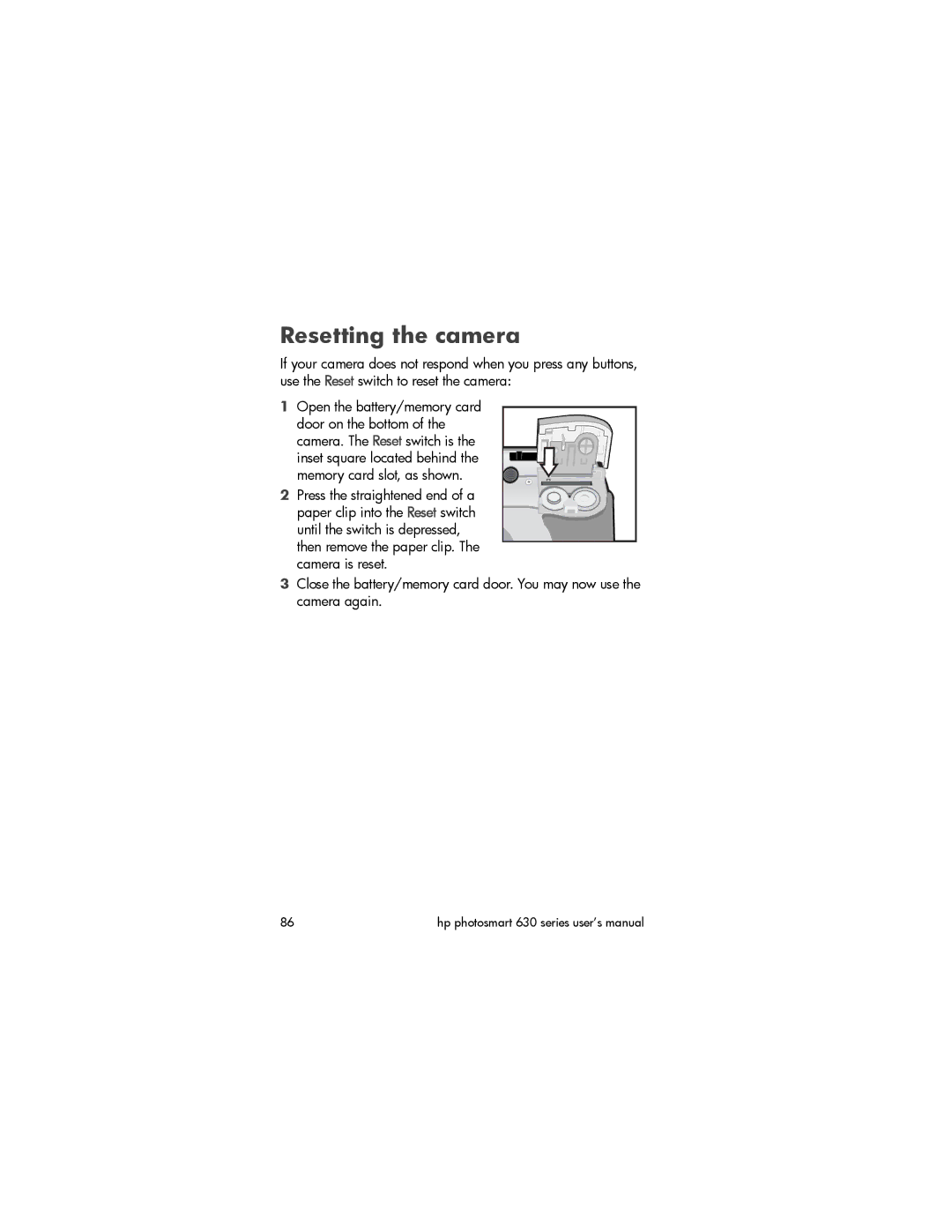 HP 630 manual Resetting the camera 