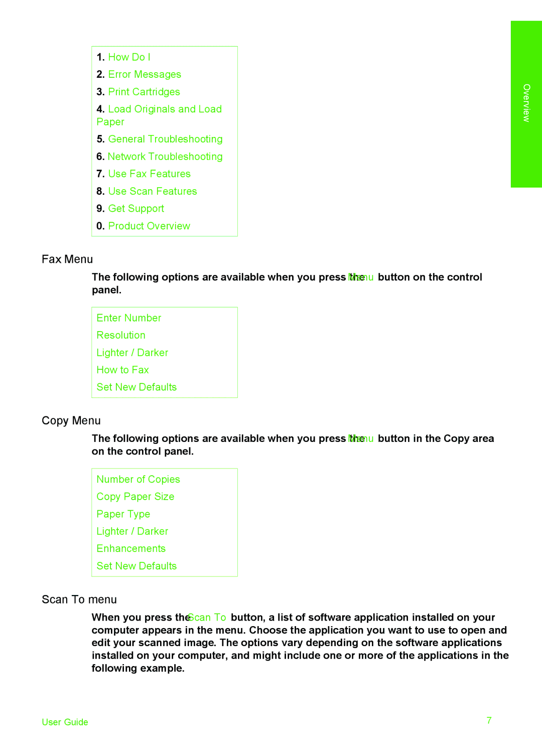 HP 6310xi manual Fax Menu, Copy Menu, Scan To menu 