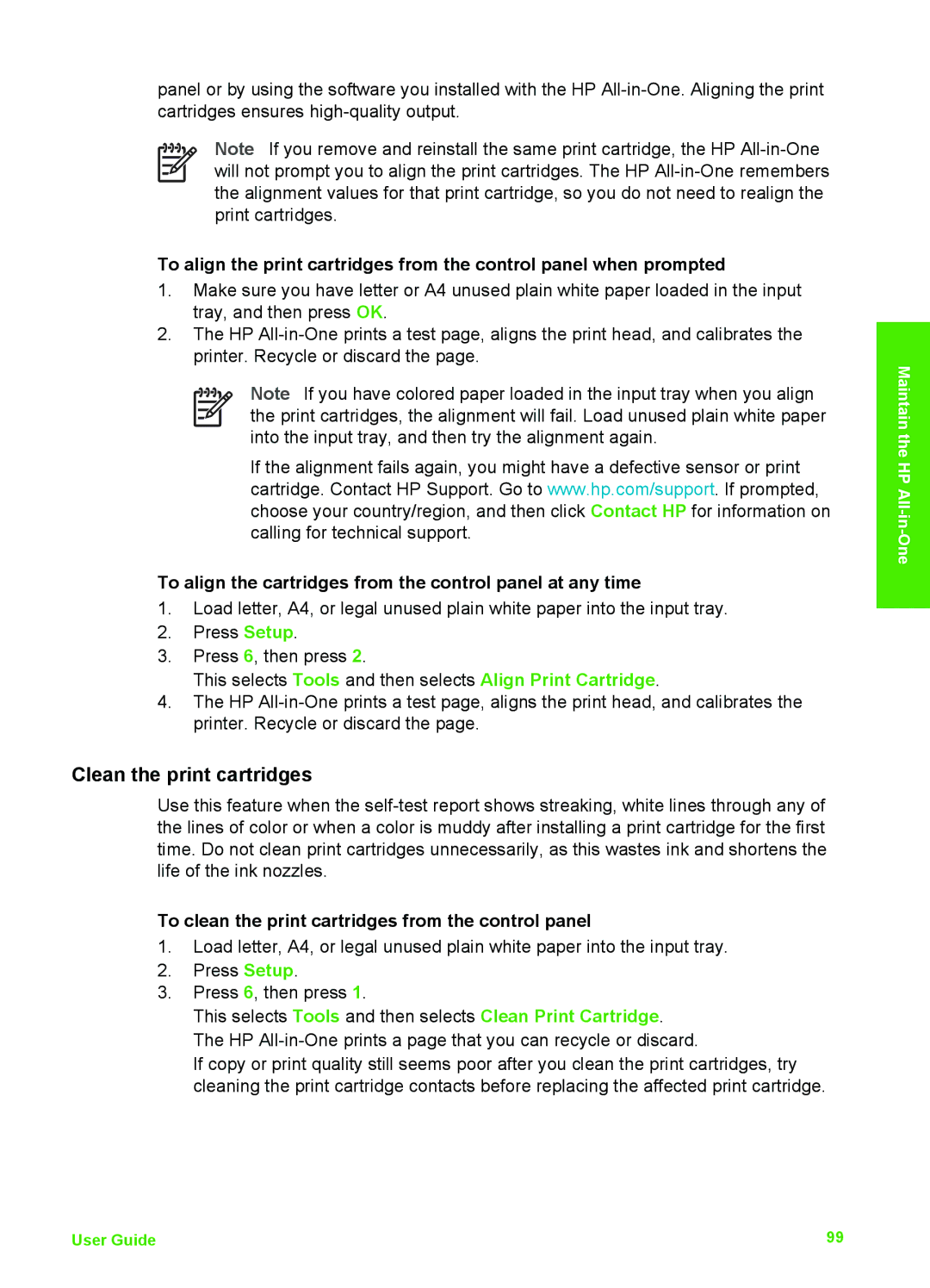 HP 6310xi manual Clean the print cartridges, To align the cartridges from the control panel at any time 