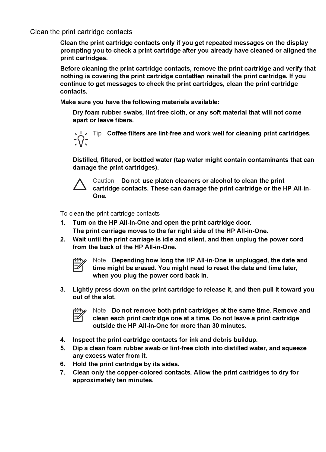 HP 6310xi manual Clean the print cartridge contacts, To clean the print cartridge contacts 