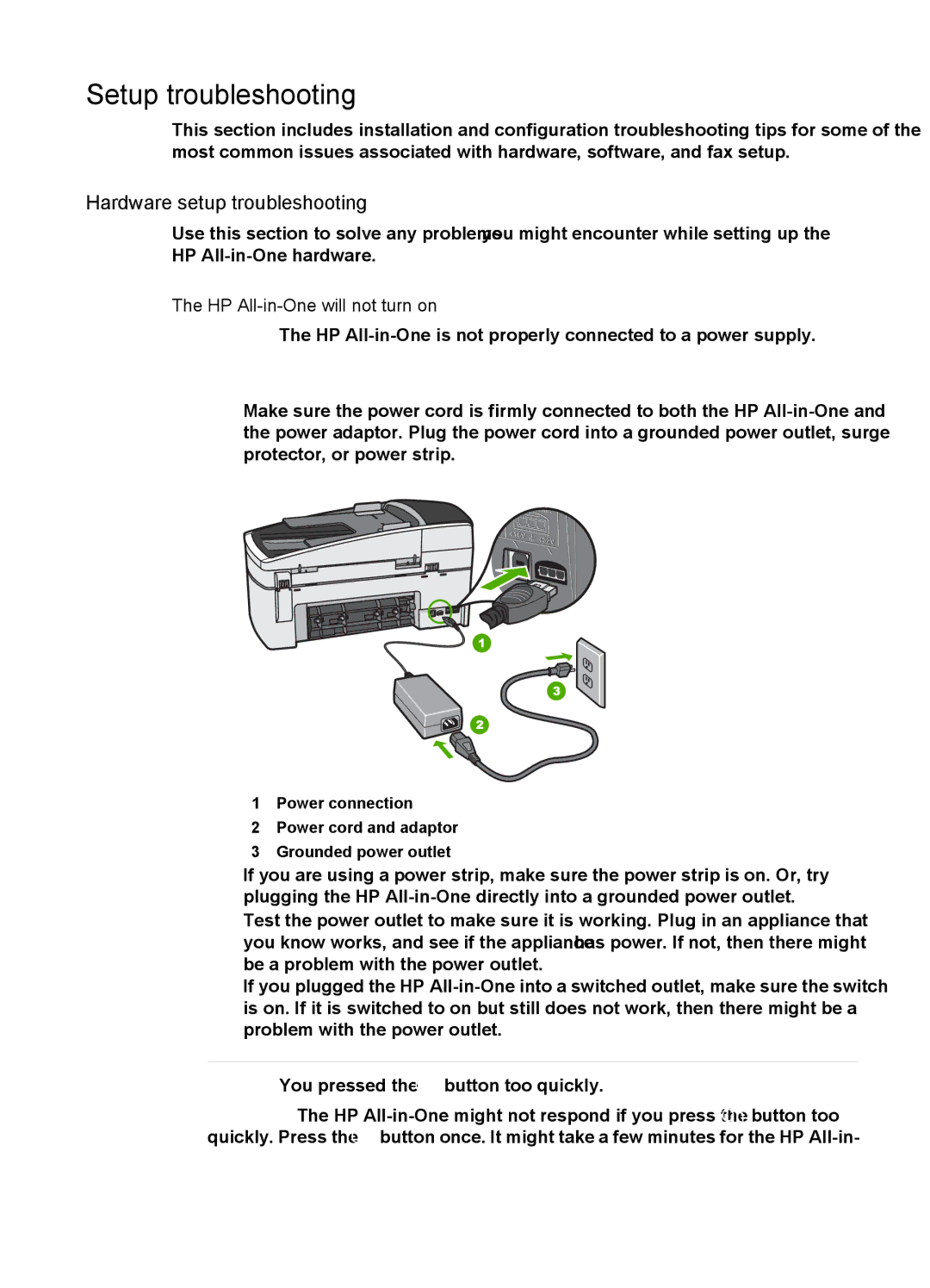 HP 6310xi manual Setup troubleshooting, Hardware setup troubleshooting, HP All-in-One will not turn on, Solution 