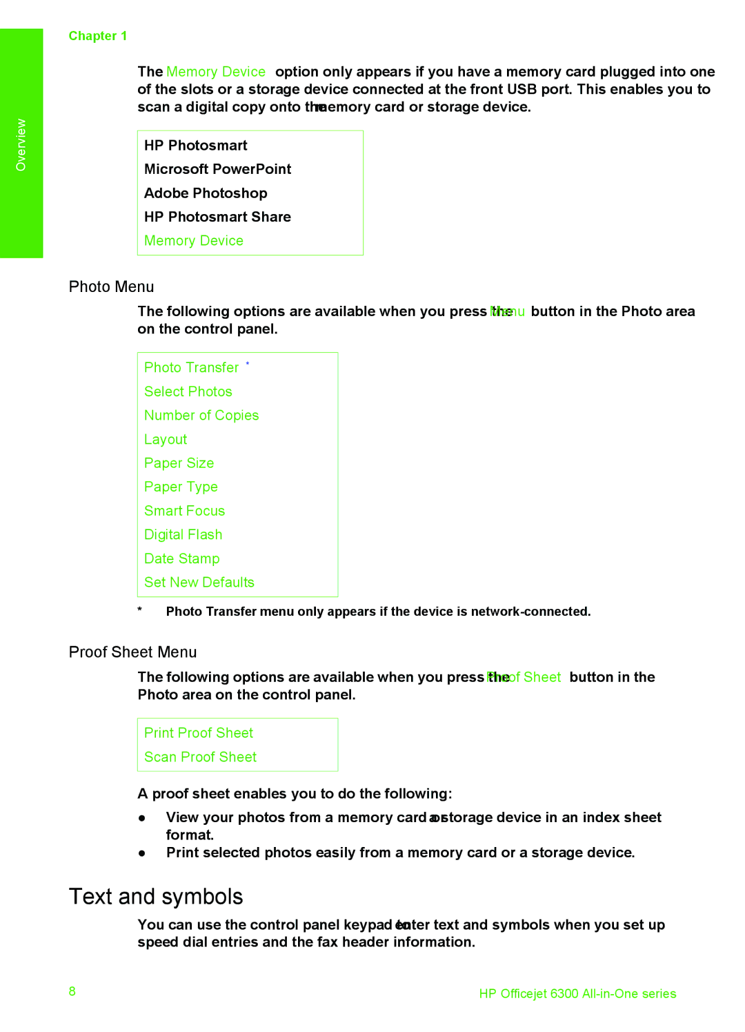 HP 6310xi manual Text and symbols, Photo Menu, Proof Sheet Menu, Memory Device, Print Proof Sheet Scan Proof Sheet 