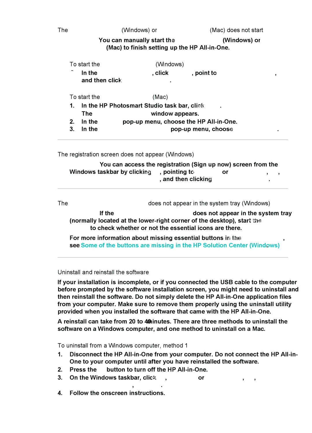 HP 6310xi To start the Fax Setup Wizard Windows, To start the Fax Setup Utility Mac, Uninstall and reinstall the software 