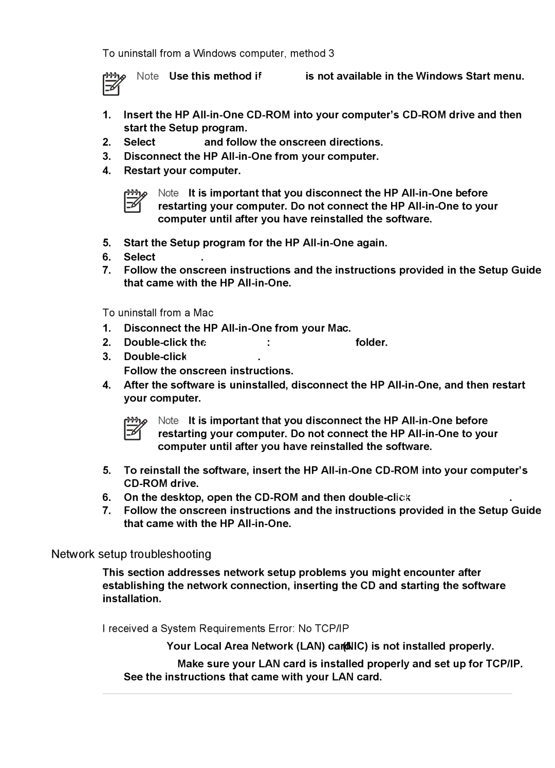 HP 6310xi manual Network setup troubleshooting, Select Reinstall, To uninstall from a Mac 