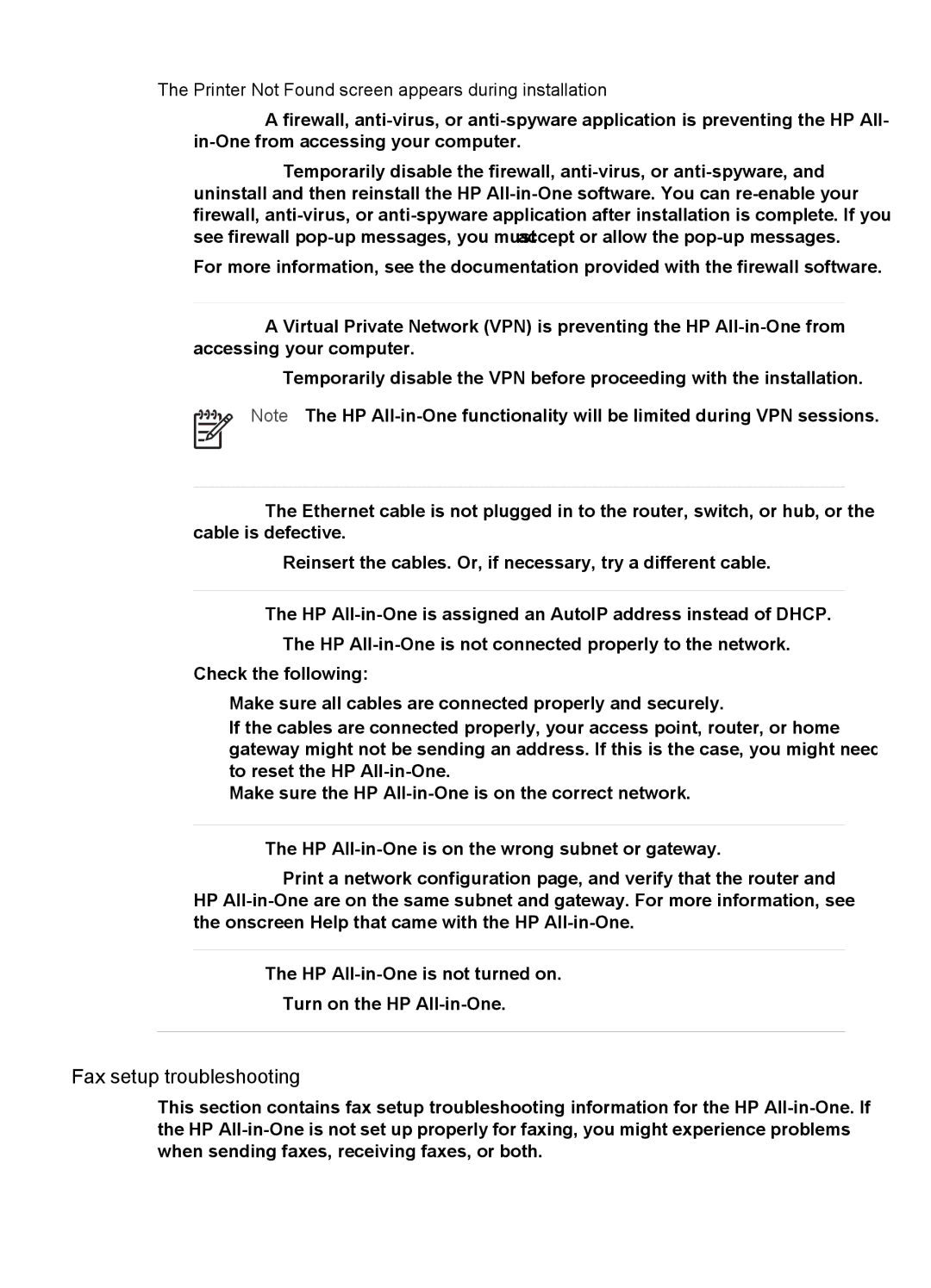 HP 6310xi manual Fax setup troubleshooting, Printer Not Found screen appears during installation 