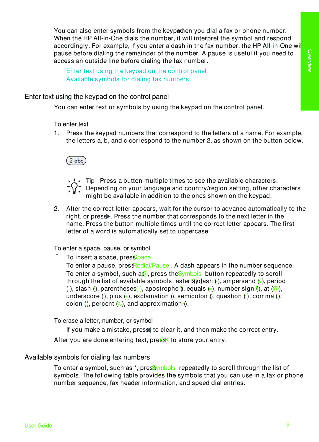 HP 6310xi Enter text using the keypad on the control panel, Available symbols for dialing fax numbers, To enter text 