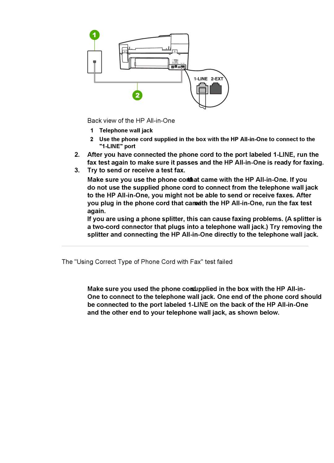 HP 6310xi manual Back view of the HP All-in-One, Using Correct Type of Phone Cord with Fax test failed 
