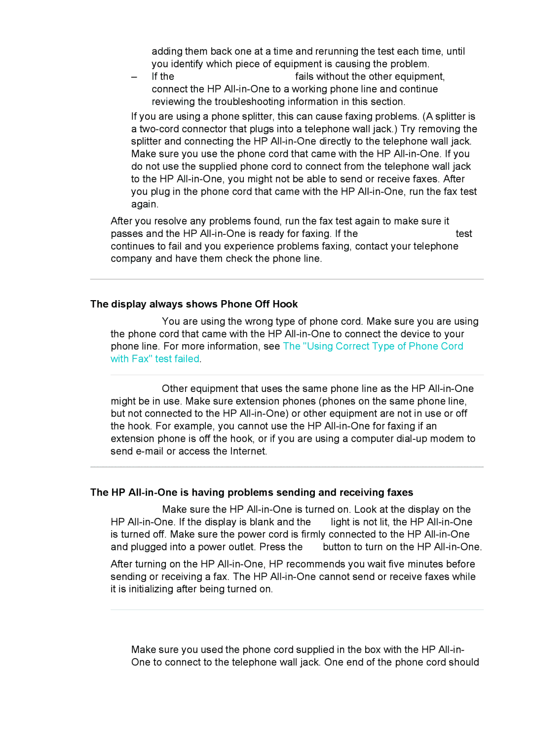 HP 6310xi manual Display always shows Phone Off Hook, HP All-in-One is having problems sending and receiving faxes 