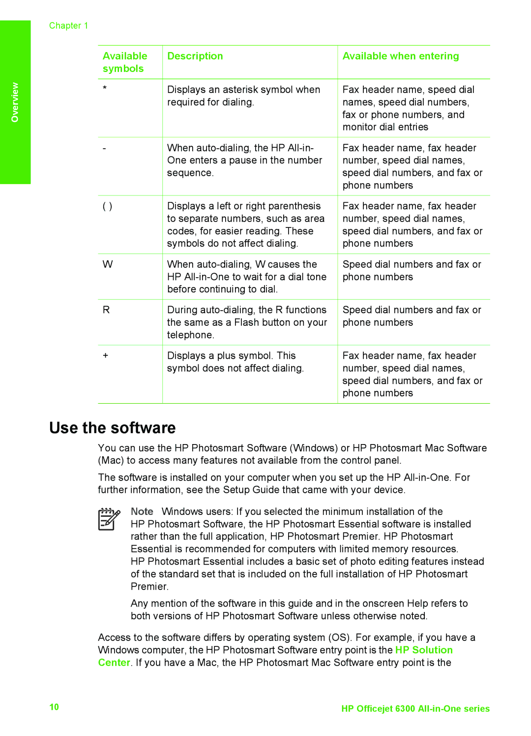 HP 6310xi manual Use the software, Available Description symbols, Available when entering 