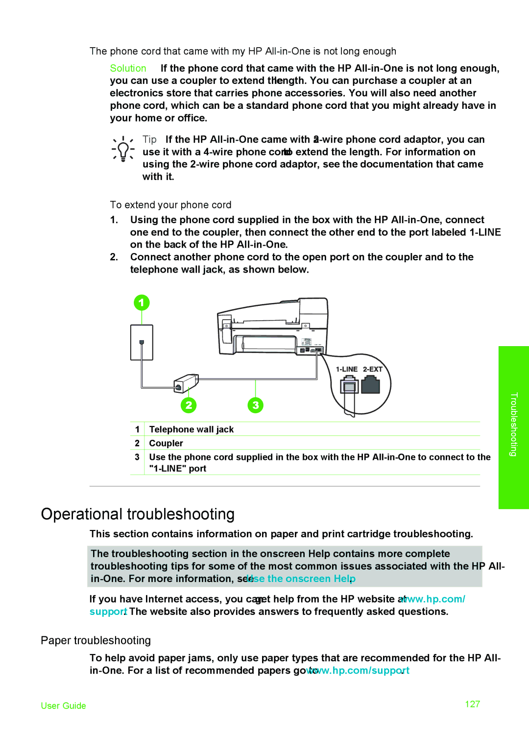 HP 6310xi manual Operational troubleshooting, Paper troubleshooting, To extend your phone cord 