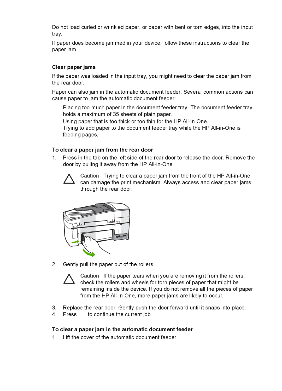 HP 6310xi Clear paper jams, To clear a paper jam from the rear door, To clear a paper jam in the automatic document feeder 