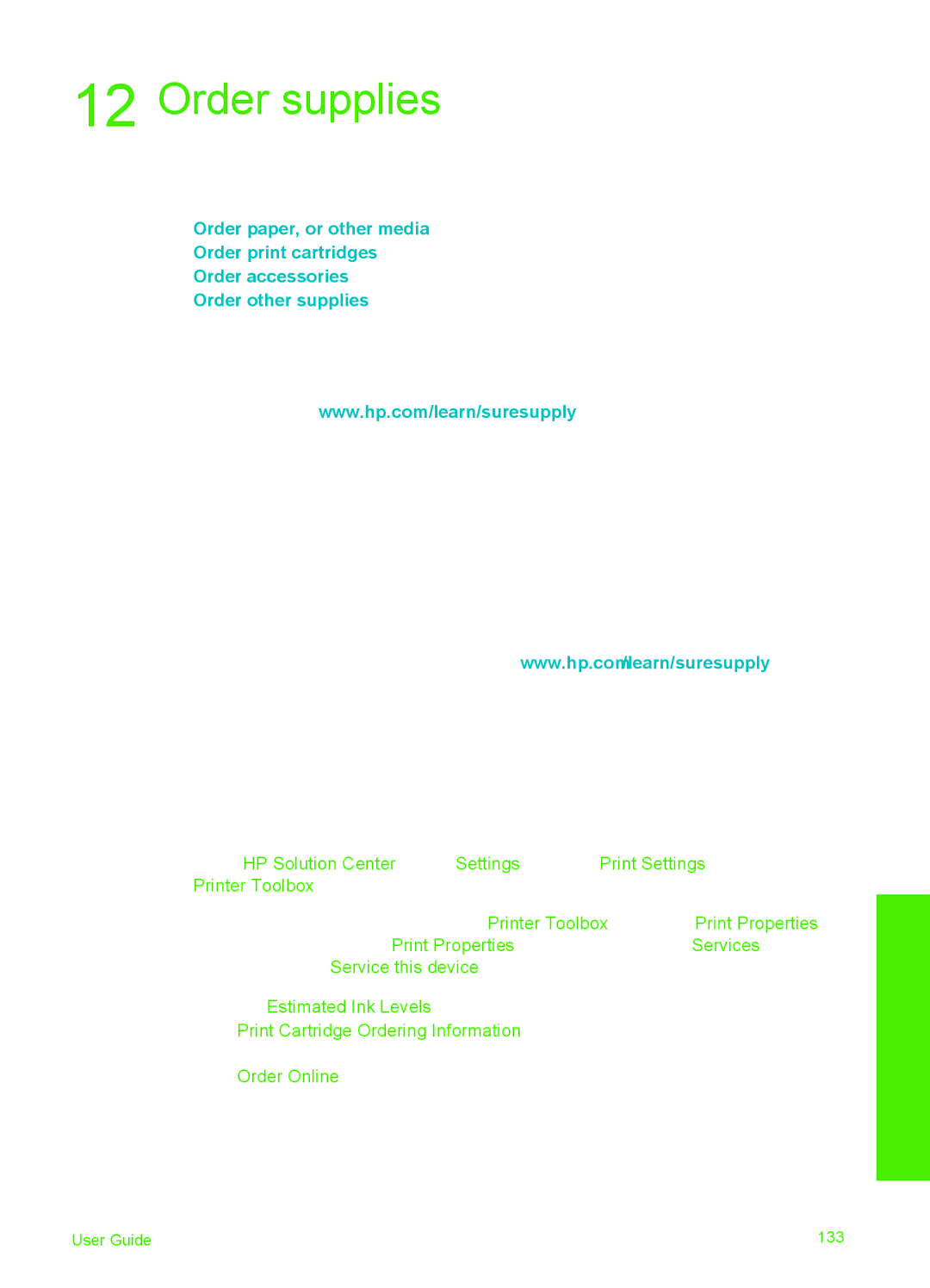 HP 6310xi manual Order supplies, Order paper, or other media Order print cartridges 