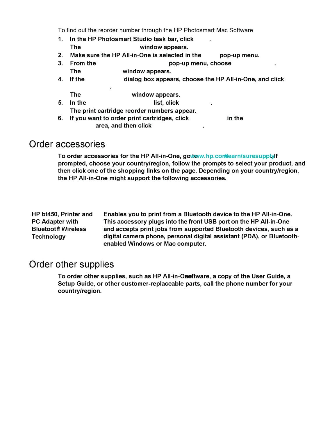 HP 6310xi manual Order accessories, Order other supplies, Accessory and HP Description Model number 