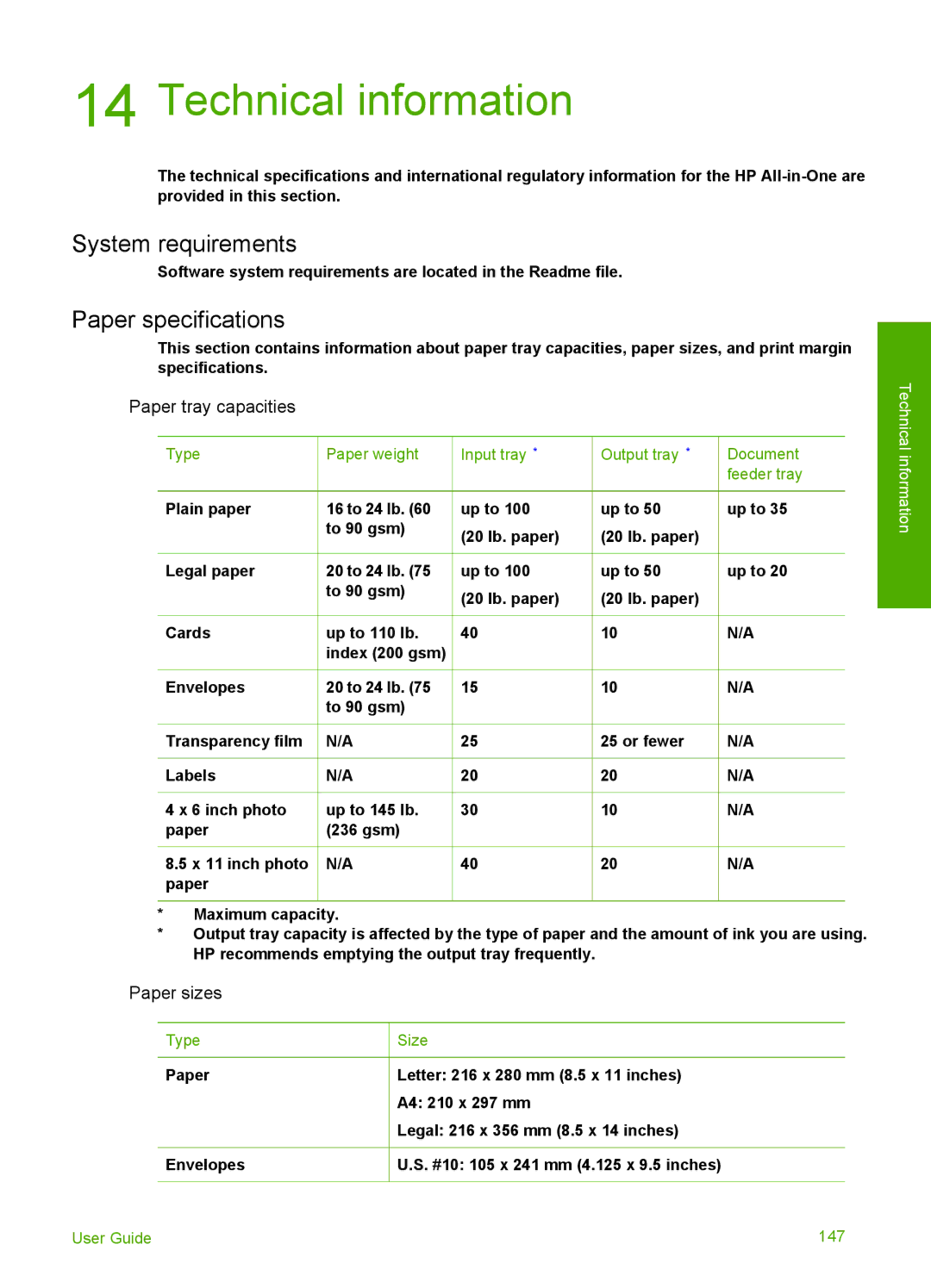 HP 6310xi manual Technical information, System requirements, Paper specifications, Paper tray capacities, Paper sizes 