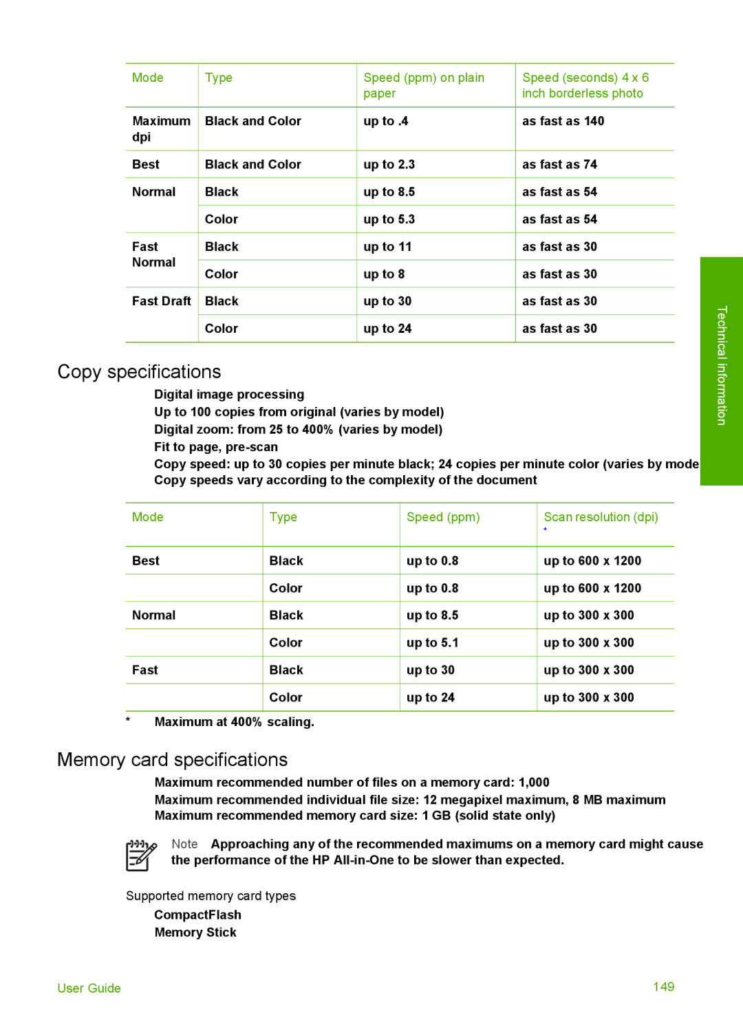 HP 6310xi manual Copy specifications, Memory card specifications 