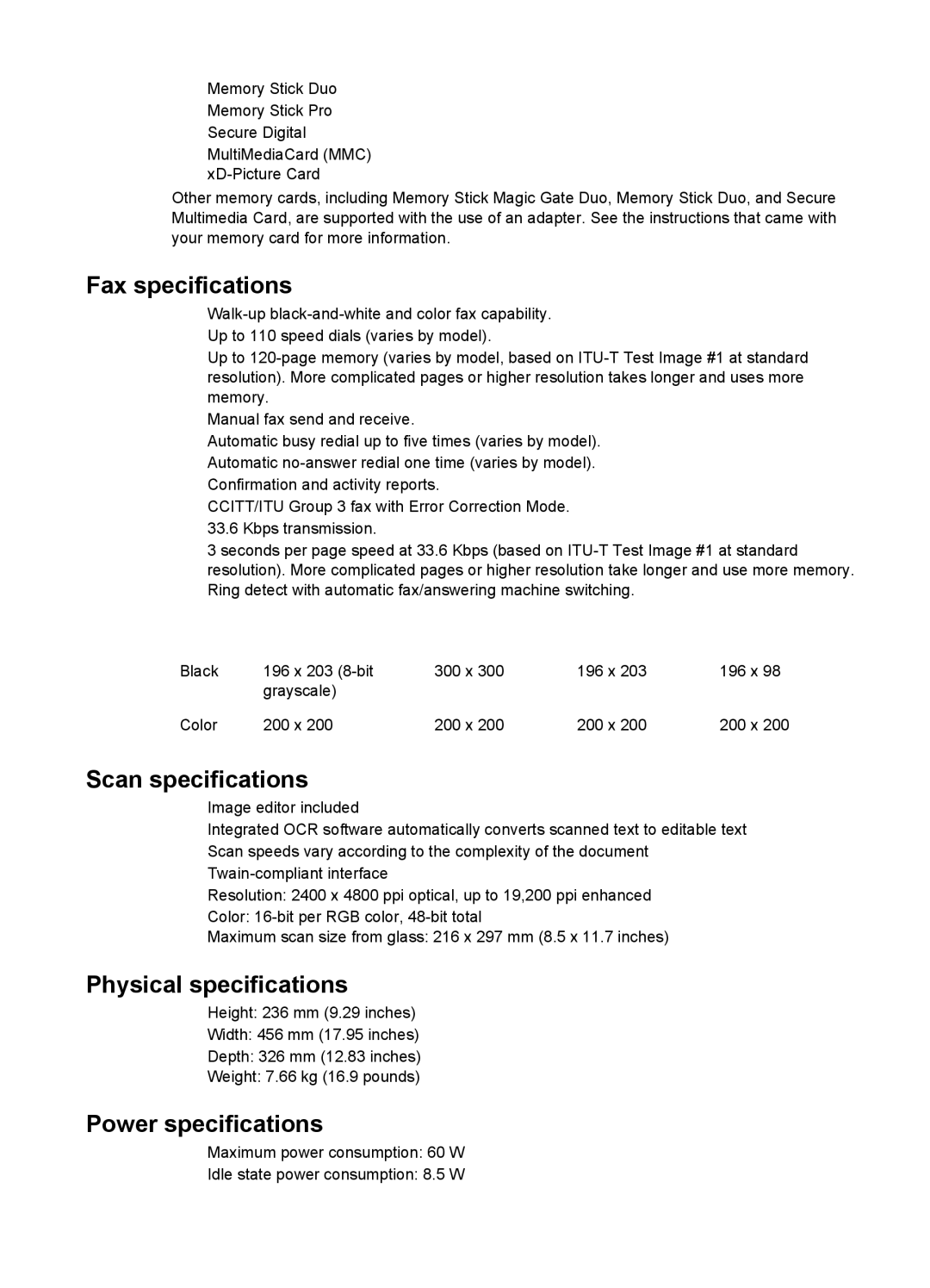 HP 6310xi manual Fax specifications, Scan specifications, Physical specifications, Power specifications 