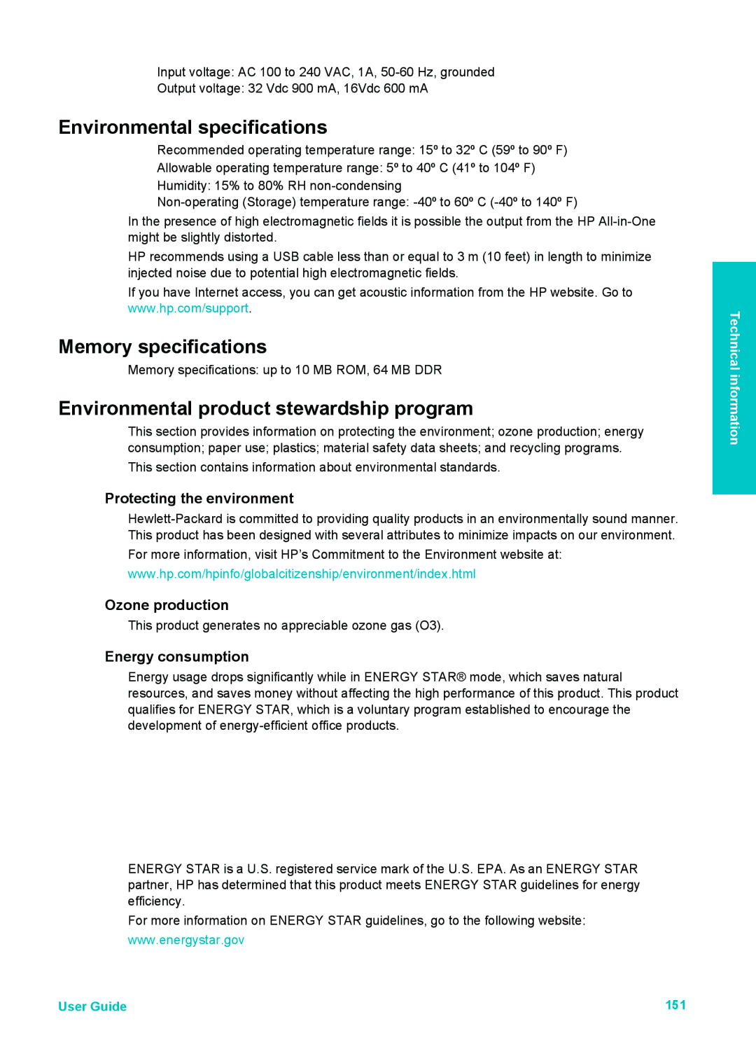 HP 6310xi manual Environmental specifications, Memory specifications, Environmental product stewardship program 