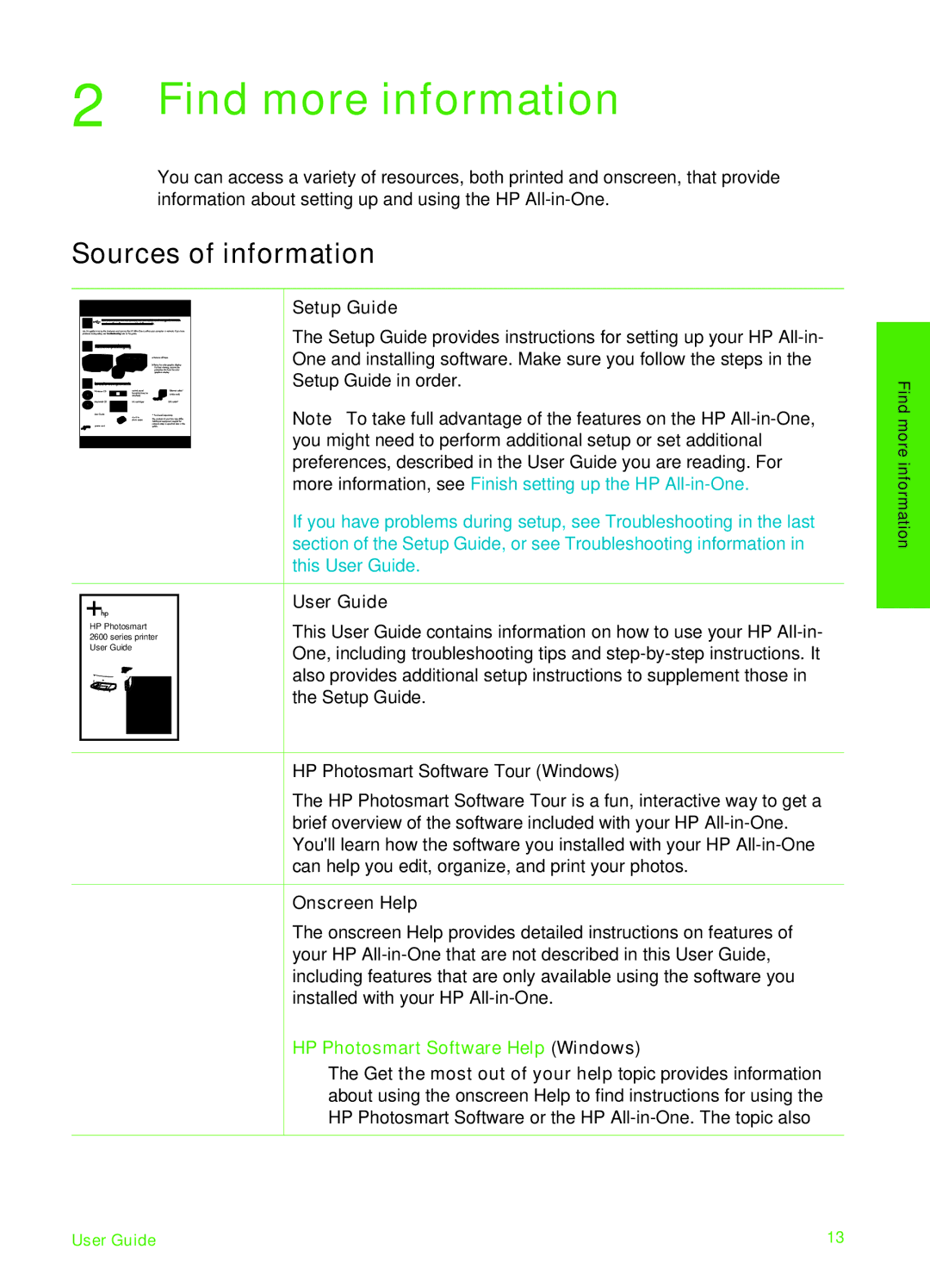 HP 6310xi manual Find more information, Sources of information, HP Photosmart Software Help Windows 