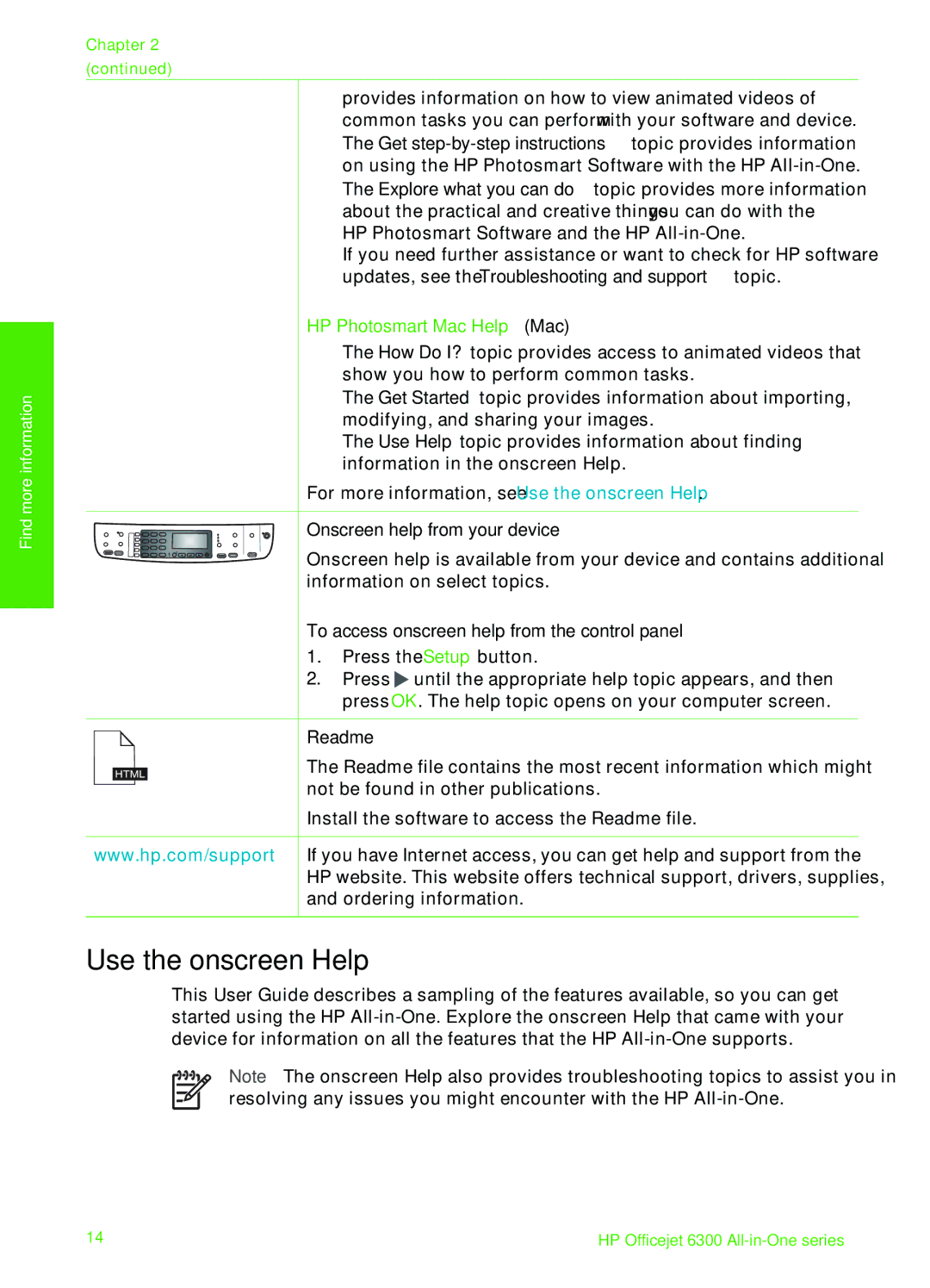 HP 6310xi manual Use the onscreen Help, HP Photosmart Mac Help Mac, Onscreen help from your device, Readme 