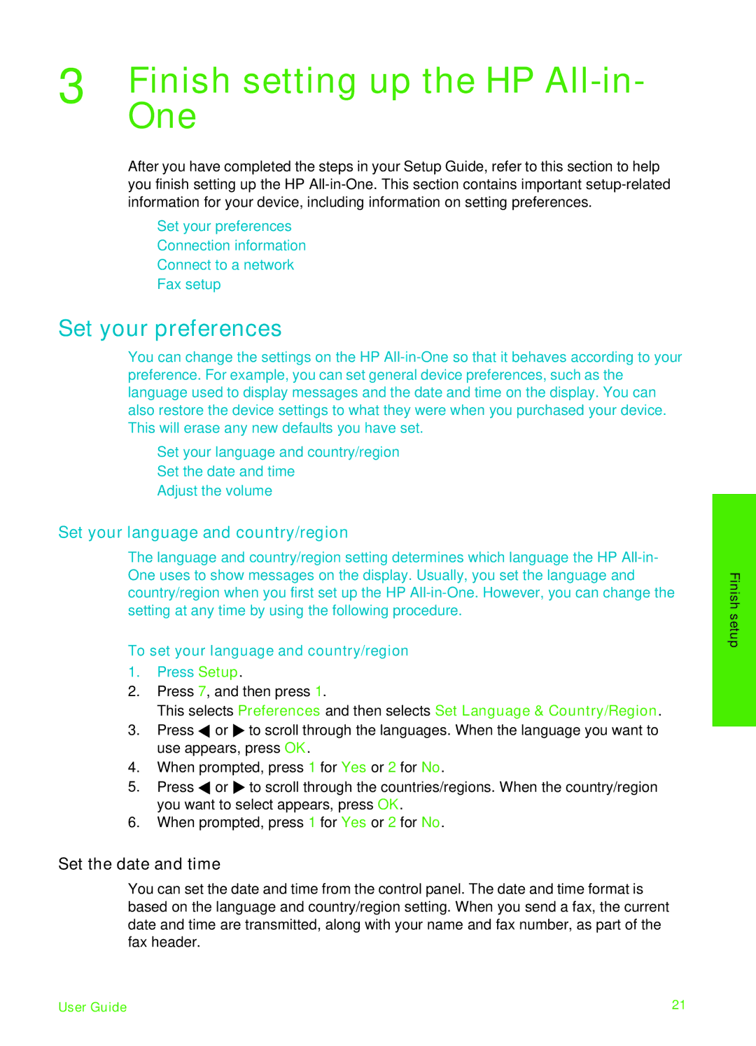 HP 6310xi manual Finish setting up the HP All-in, One, Set your preferences, Set your language and country/region 