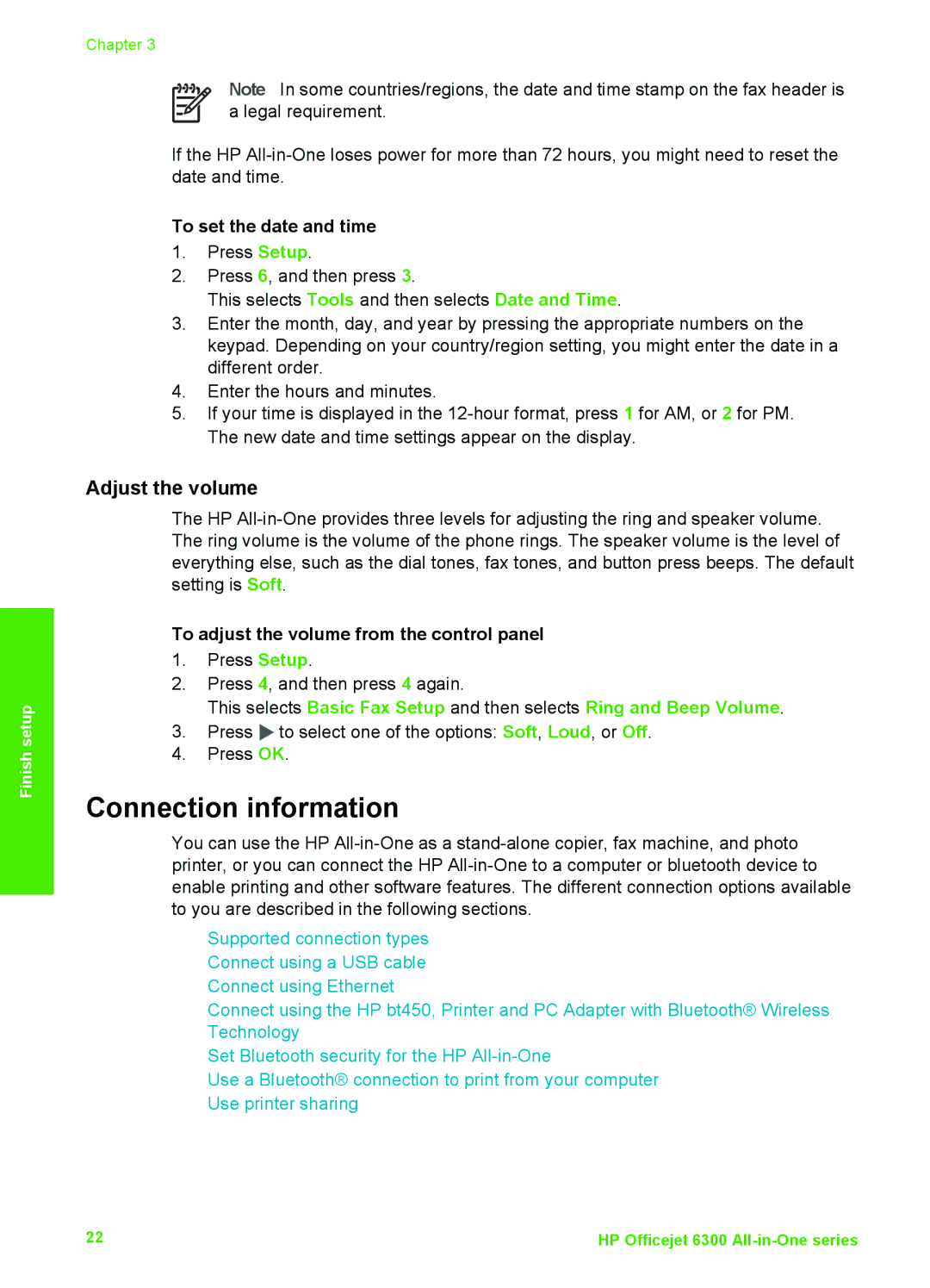 HP 6310xi Connection information, Adjust the volume, To set the date and time, To adjust the volume from the control panel 