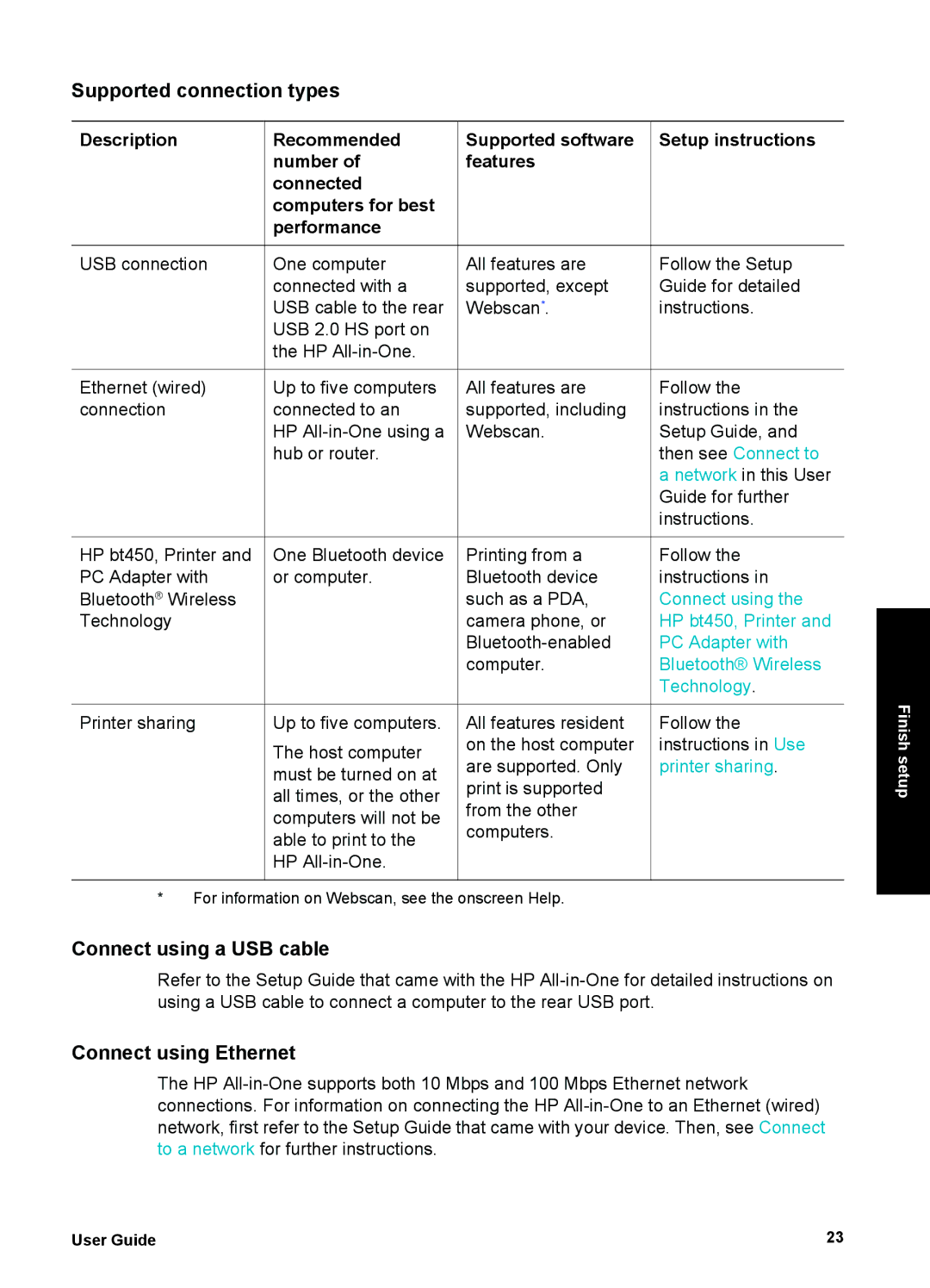 HP 6310xi manual Supported connection types, Connect using a USB cable, Connect using Ethernet 