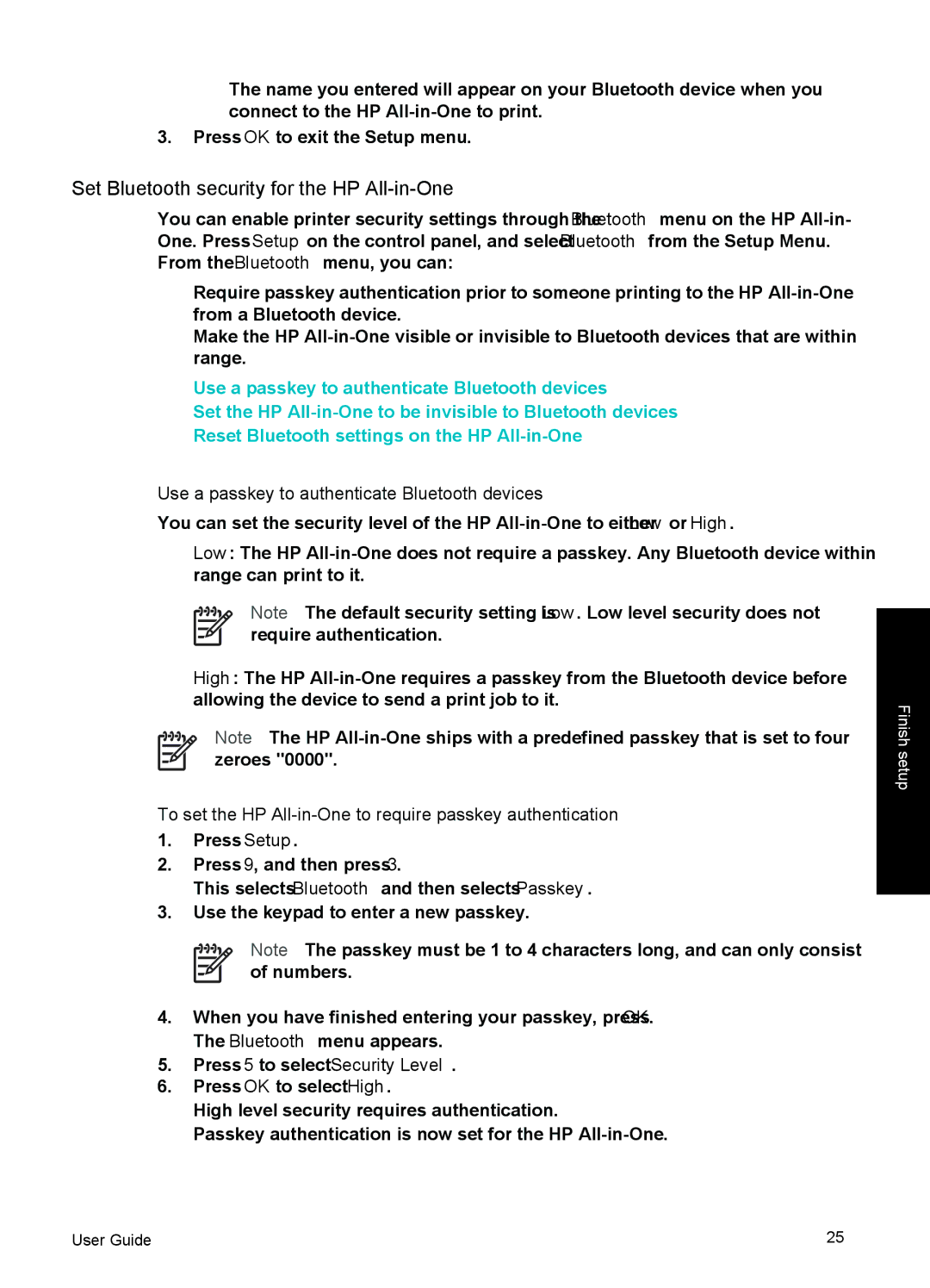 HP 6310xi manual Set Bluetooth security for the HP All-in-One, Use a passkey to authenticate Bluetooth devices 