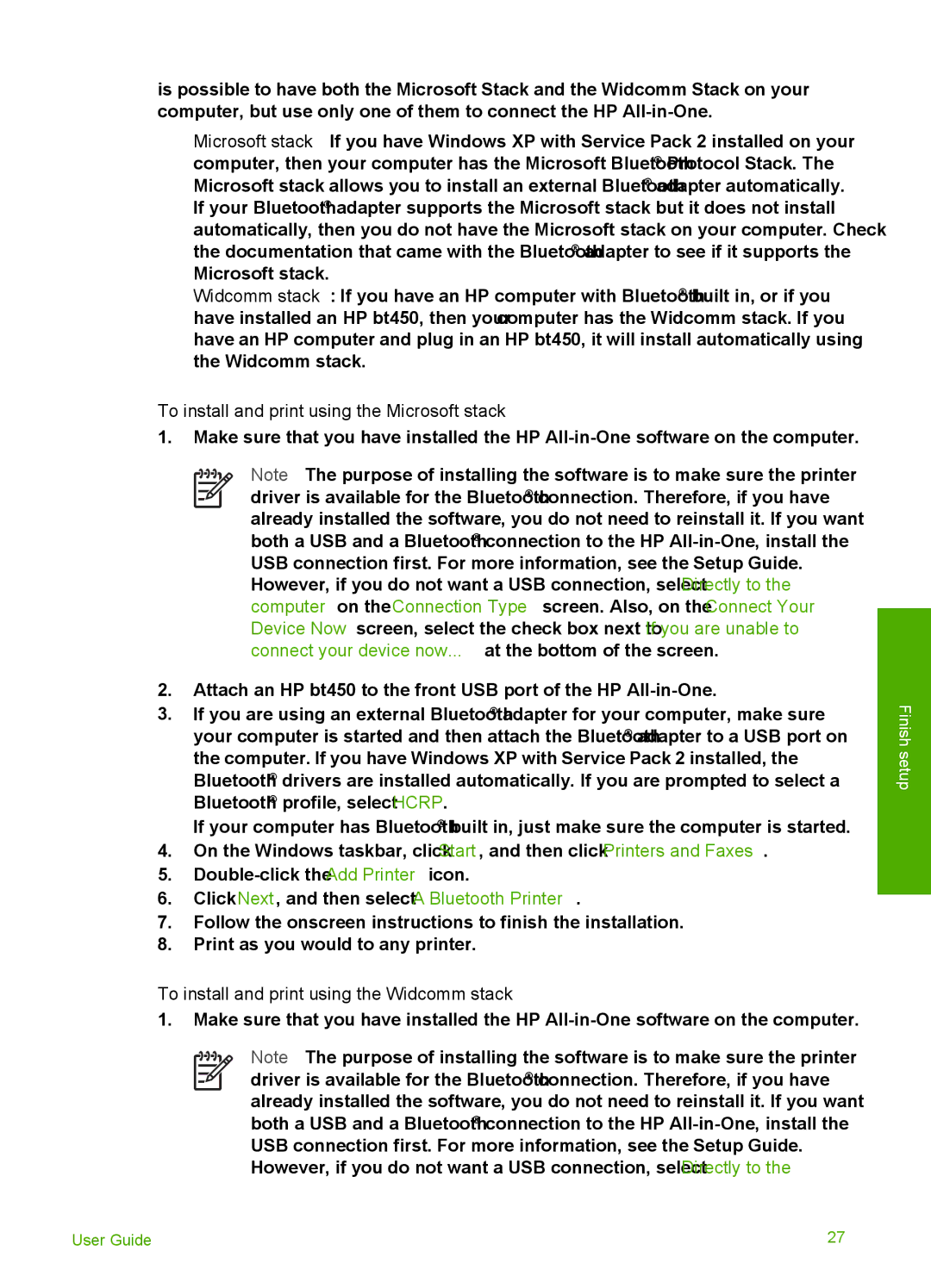 HP 6310xi manual To install and print using the Microsoft stack, To install and print using the Widcomm stack 