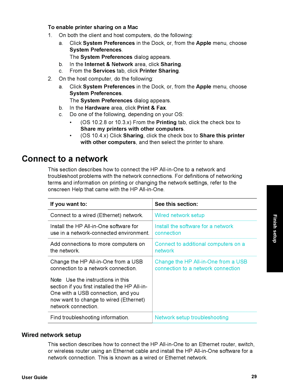 HP 6310 Connect to a network, Wired network setup, To enable printer sharing on a Mac, If you want to, See this section 