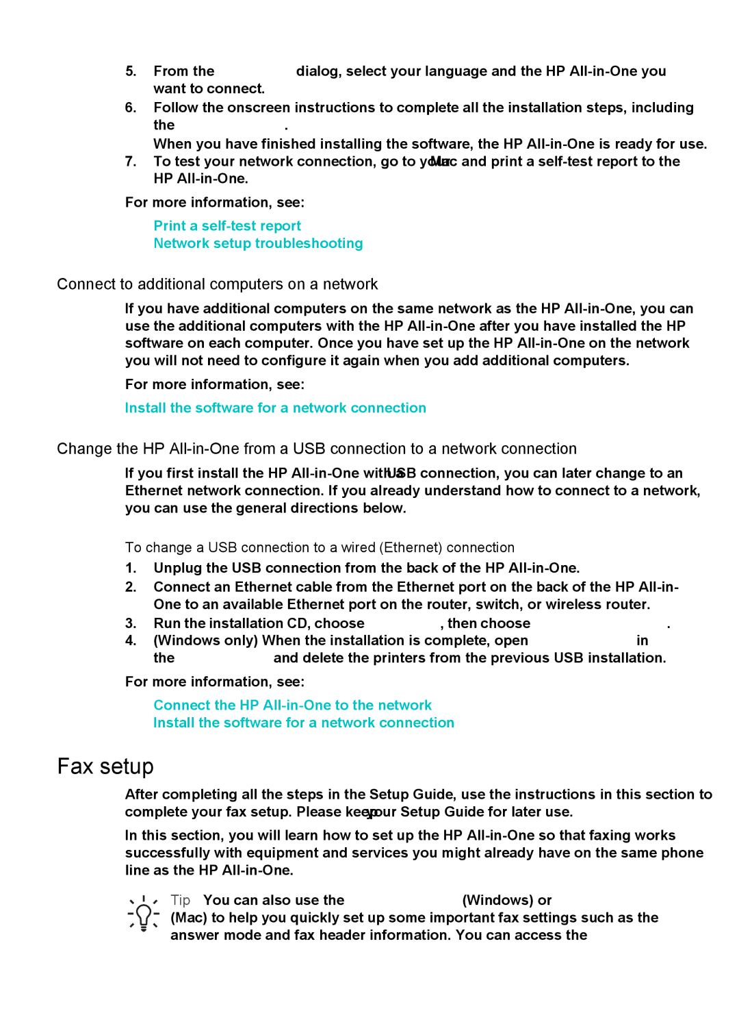 HP 6310 Fax setup, Connect to additional computers on a network, To change a USB connection to a wired Ethernet connection 